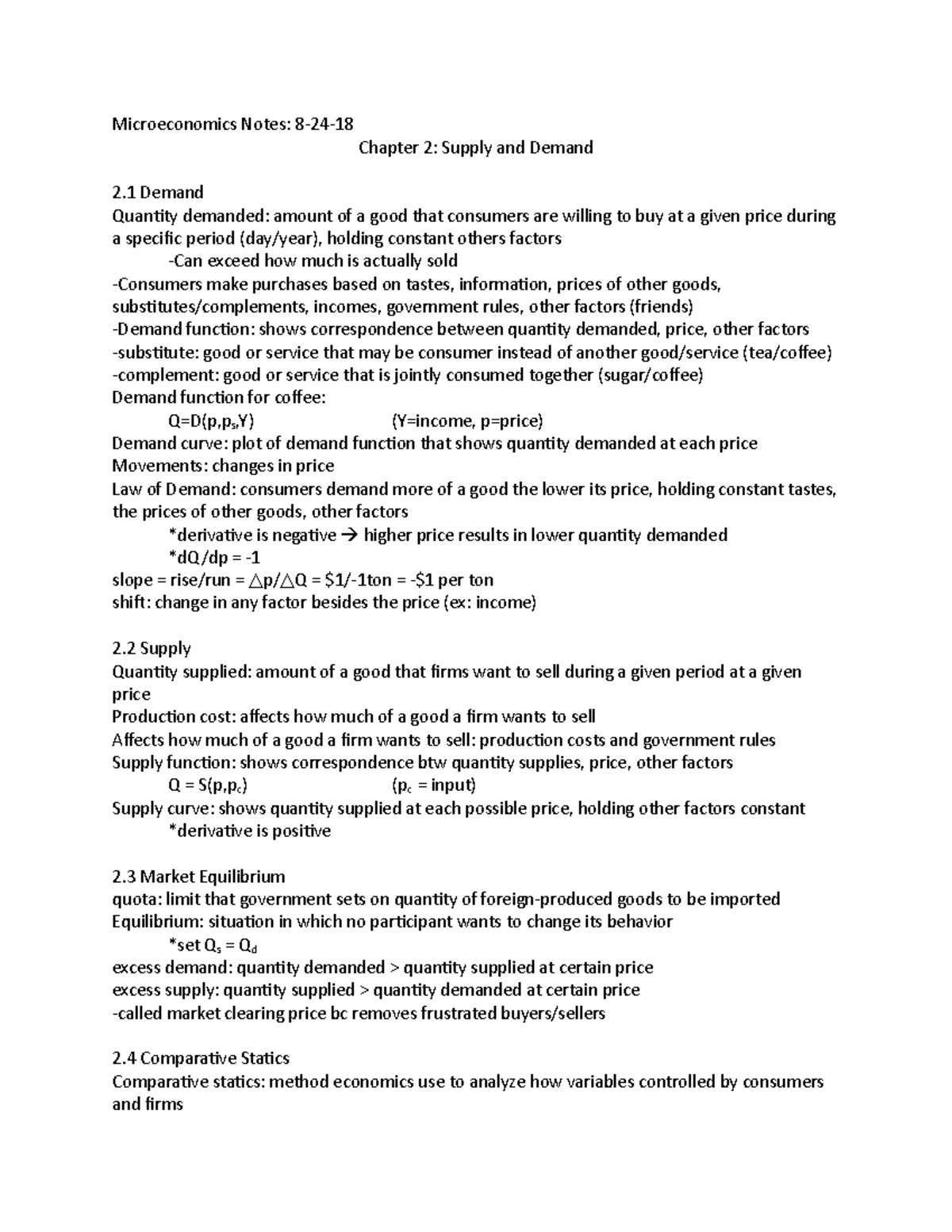 Chapter 2 Notes- Supply and Demand - Microeconomics Notes: 8-24 ...