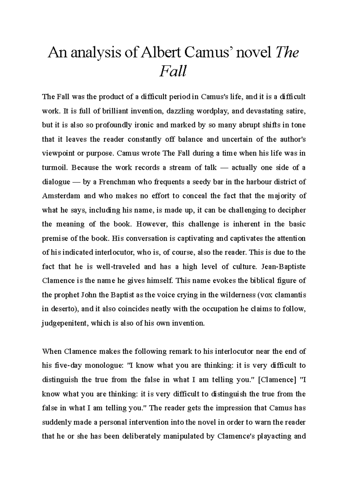 An analysis of Albert Camus’ novel The Fall - It is full of brilliant ...