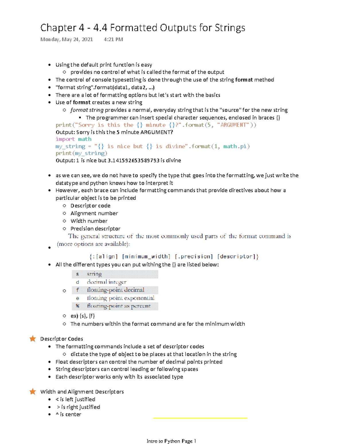 Chapter 4 - 4.4 Formatted Outputs for Strings - Using the default print ...