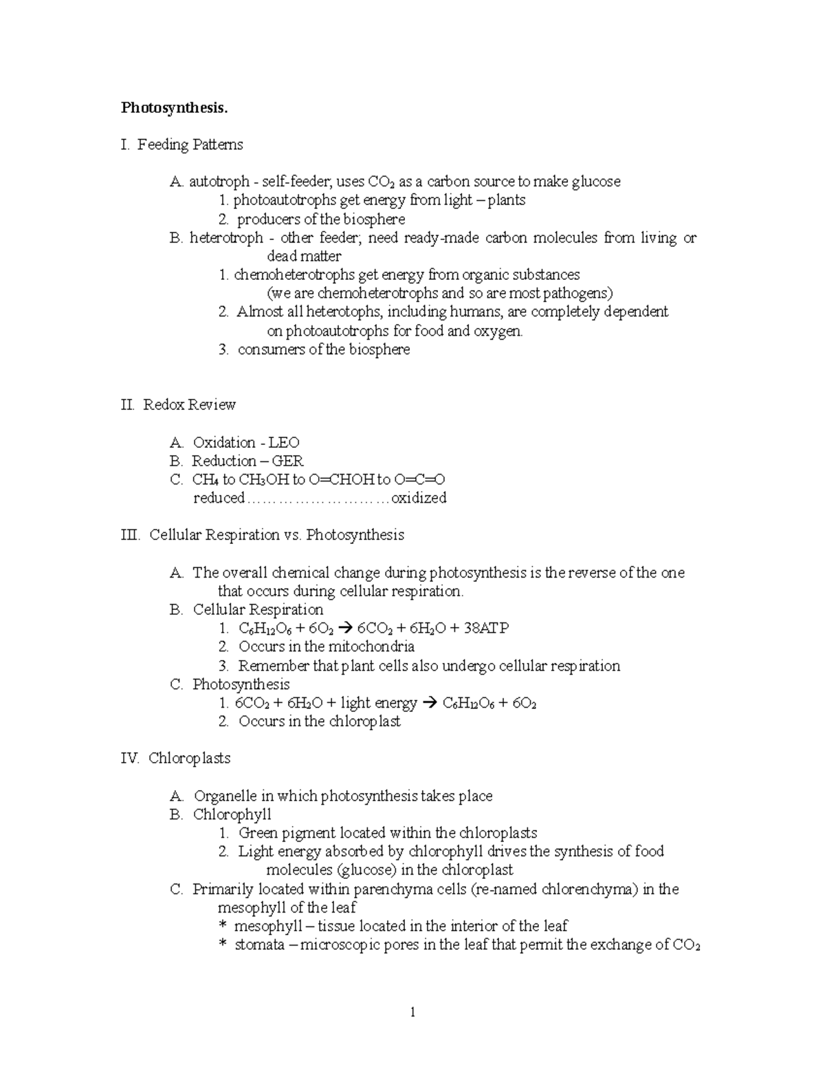 10 - Photosynthesis - Lecture notes 10 - Photosynthesis. I. Feeding ...
