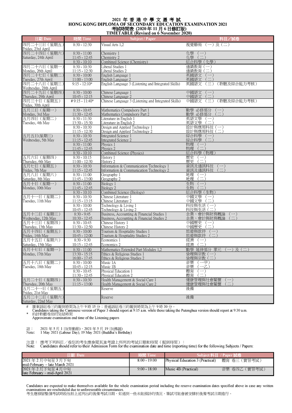 2021 DSE Timetable For Cuhk English Words - 2021 年 香 港 中 學 文 憑 考 試 HONG ...