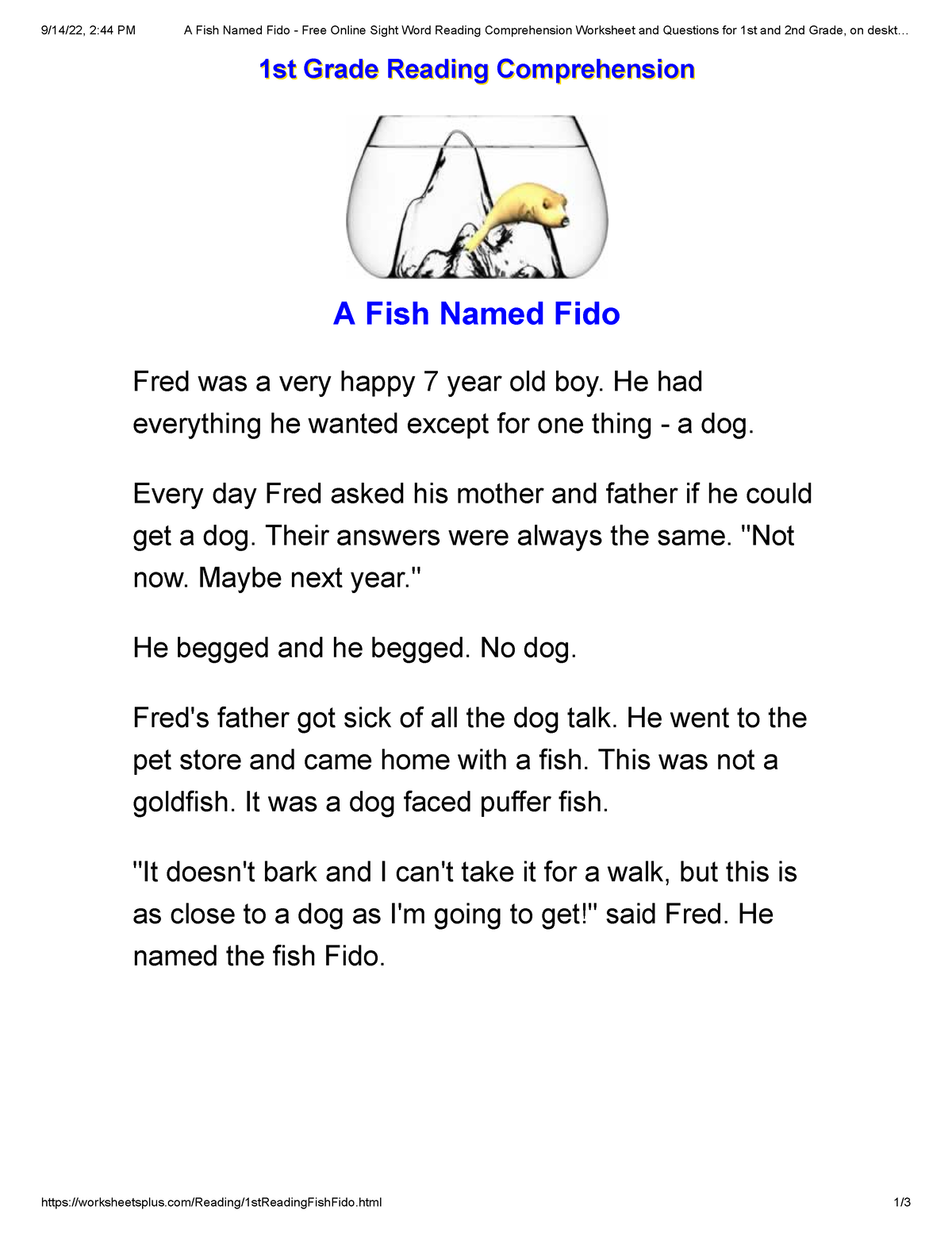 A Fish Named Fido - Free Online Sight Word Reading Comprehension ...