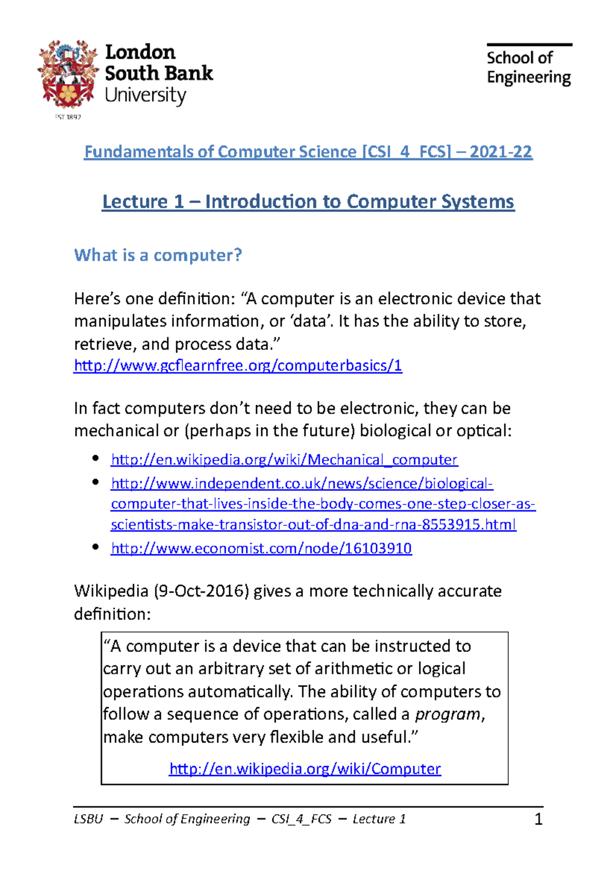 Lecture 01 Notes 2223 - Fundamentals Of Computer Science [CSI_4_FCS ...