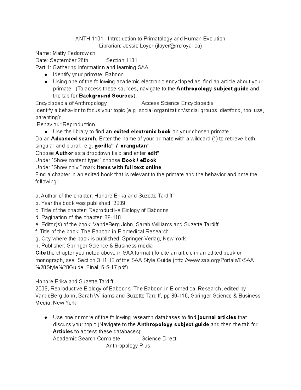 ANTH 1101 Introduction to Primatology and Human Evolution ANTH 1101 Introduction to