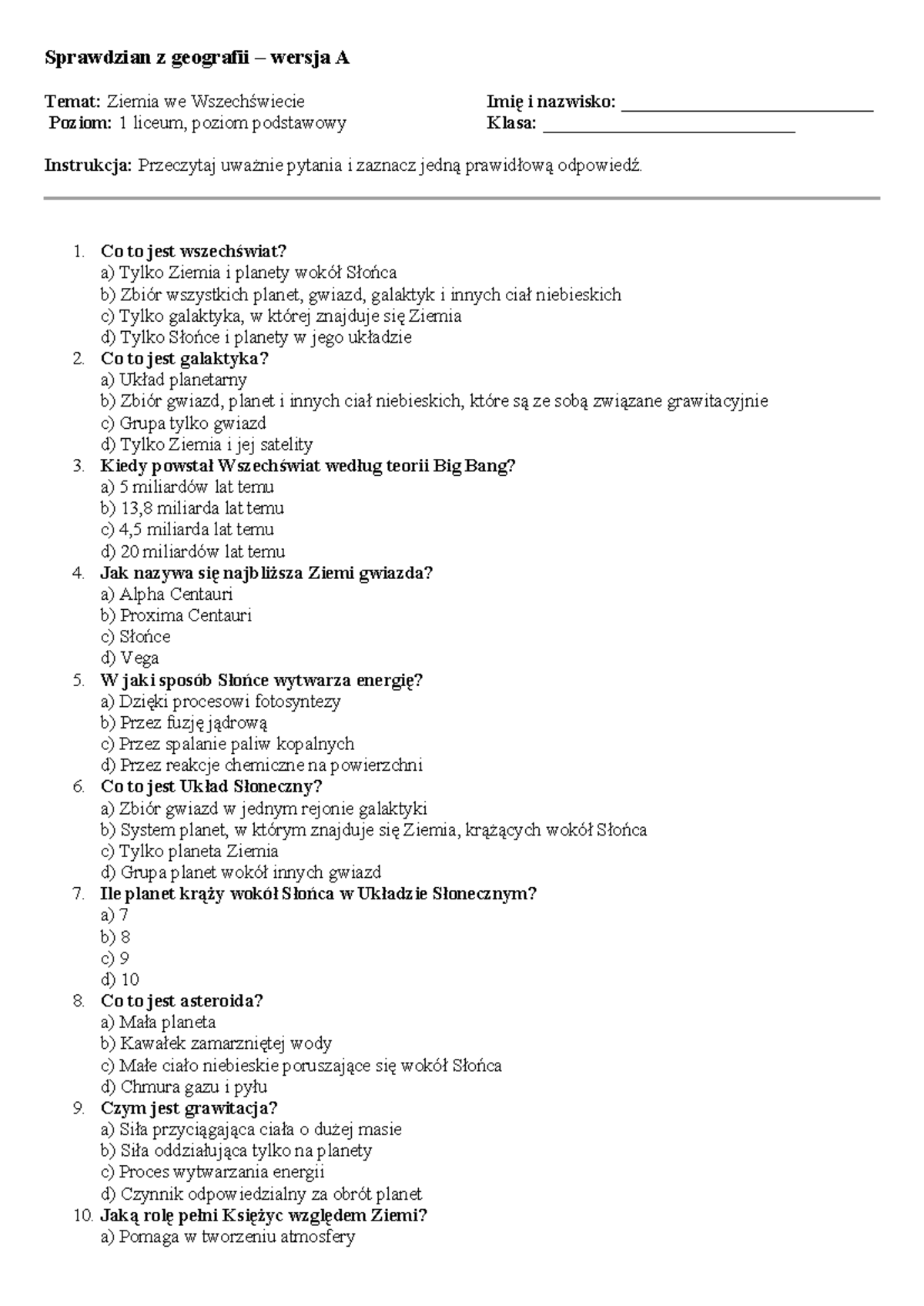 Ziemia We Wszechświecie Sprawdzian 1 Gimnazjum www.studocu.com