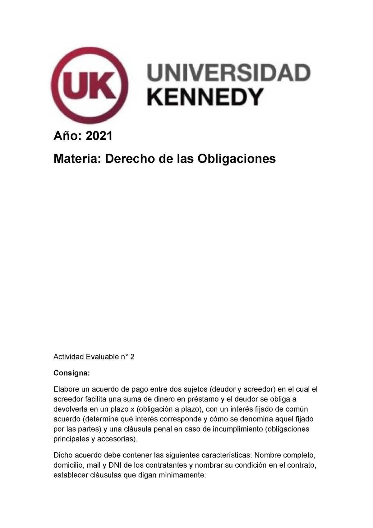 Actividad Evaluable 2 Derecho De Las Obligaciones - Año: 2021 Materia ...