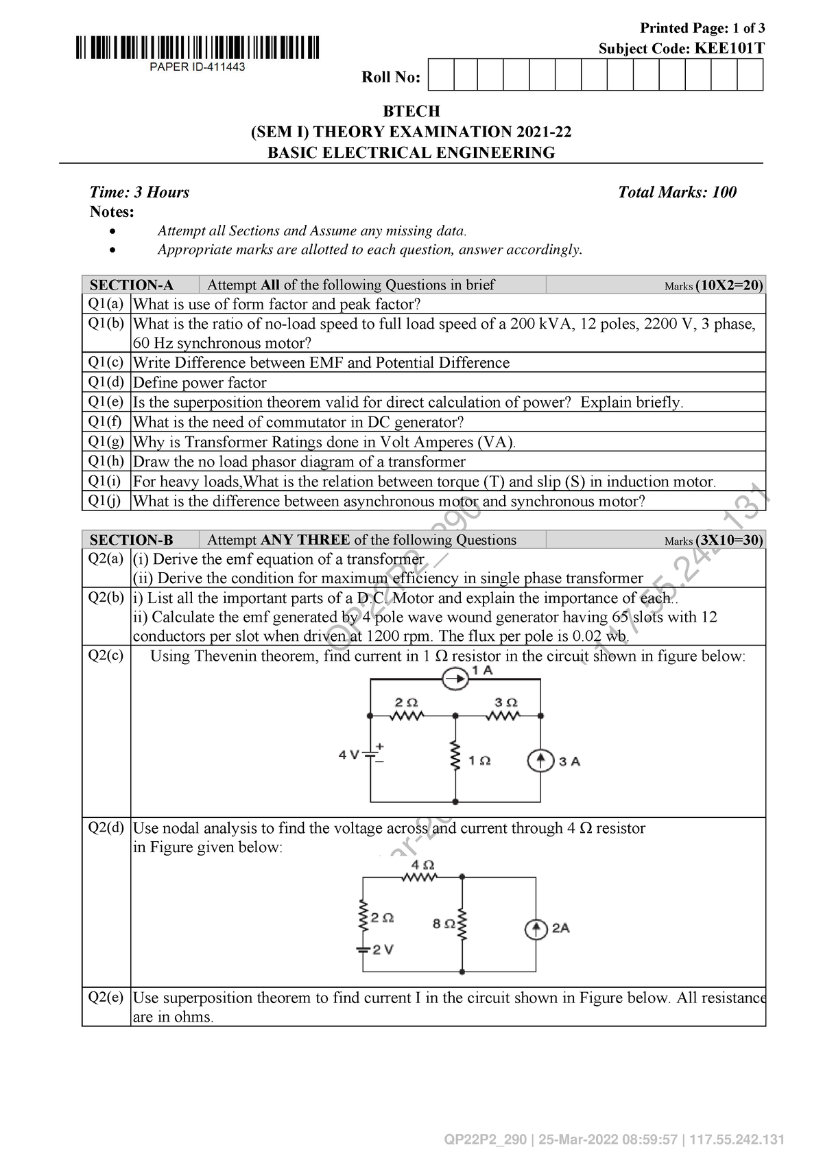 Btech 1 Sem Basic Electrical Engineering Kee101t 2022 - QP22P2_ | 25 ...