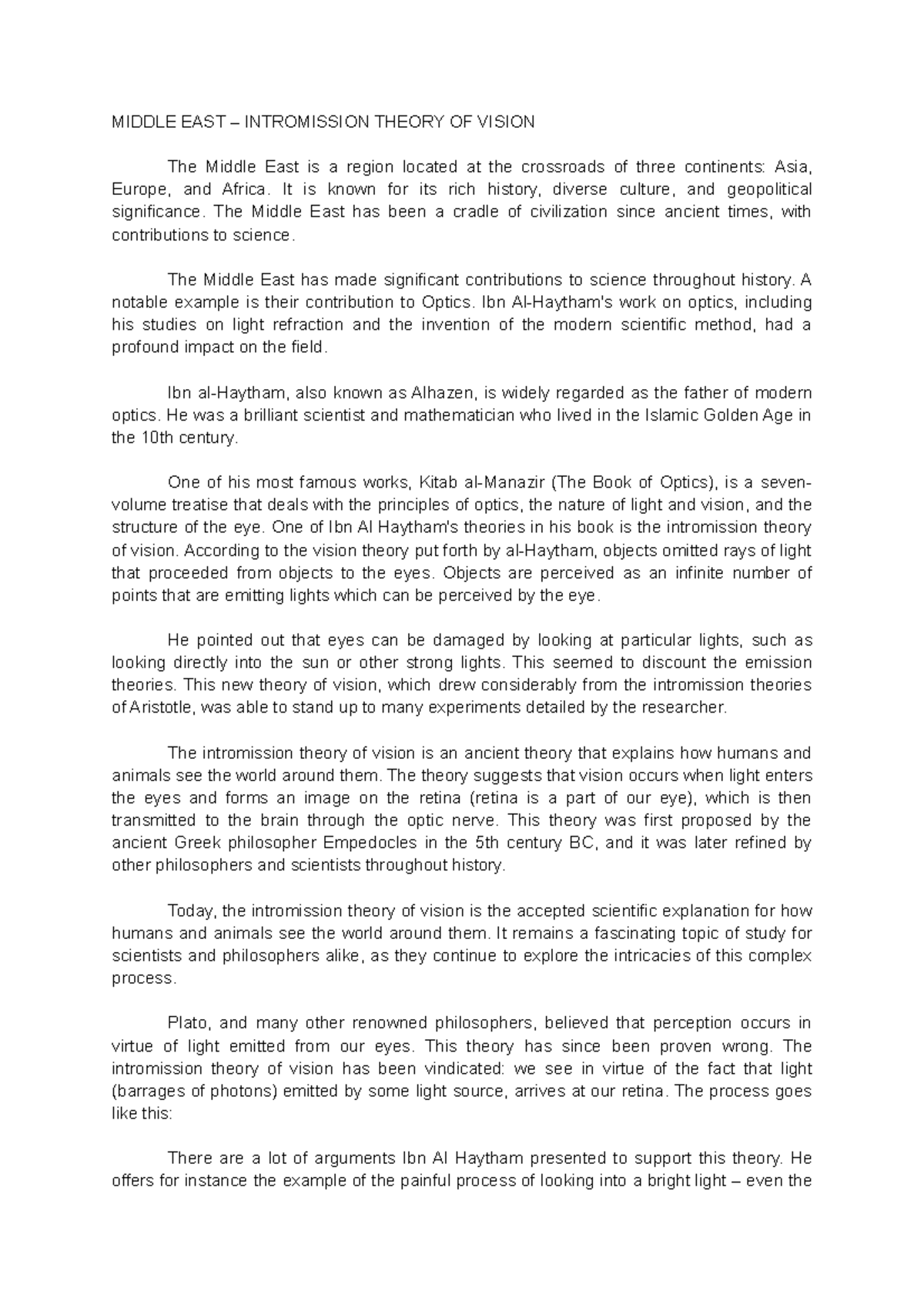 Gests - Middle EAST - n/a - MIDDLE EAST – INTROMISSION THEORY OF VISION ...