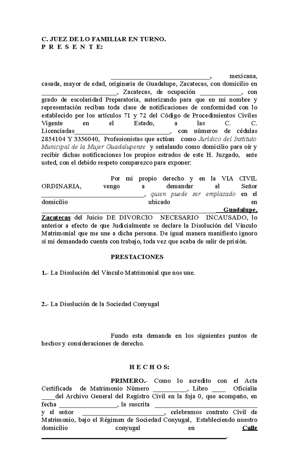 Formato Para Juicio De Divorcio Necesario O Incausado - C. JUEZ DE LO ...