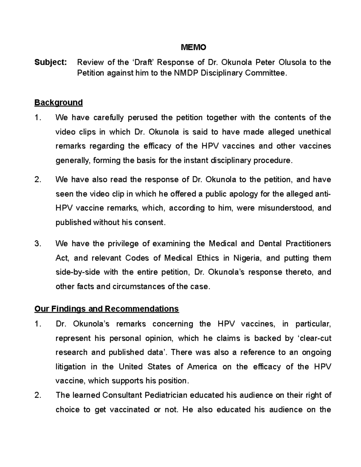 MEMO dr. okunola Legal opinion MEMO Subject Review of the ‘Draft