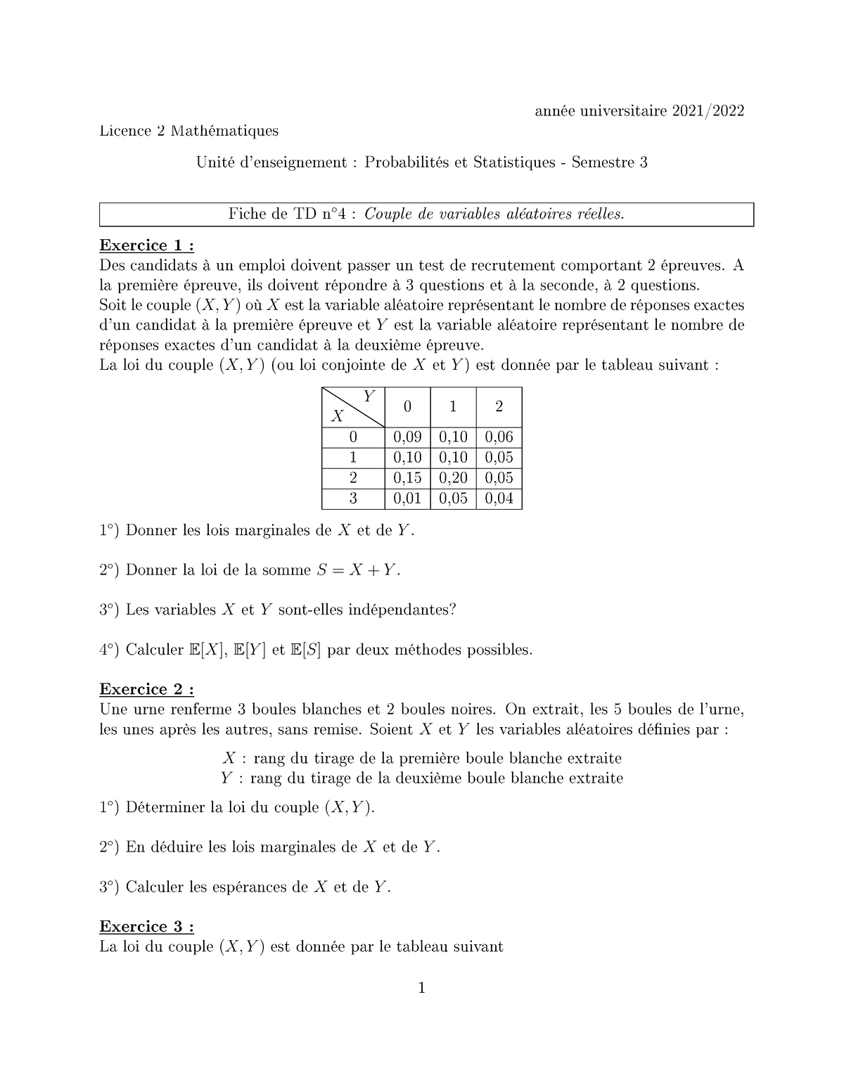 TD Couple De Variables Aléatoires Réelles - Exercice 1 : Des Candidats ...