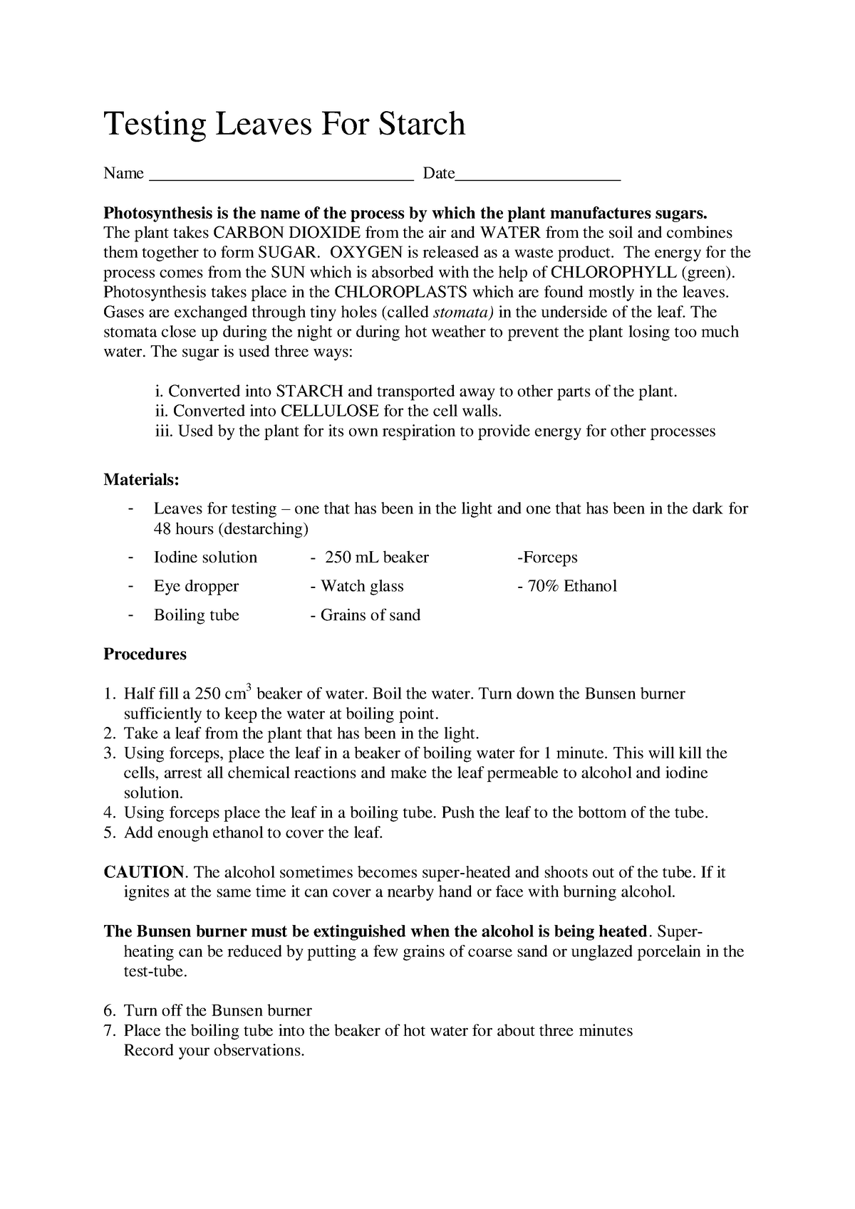 Activity 26 testing leaves for starch - Testing Leaves For Starch Name ...