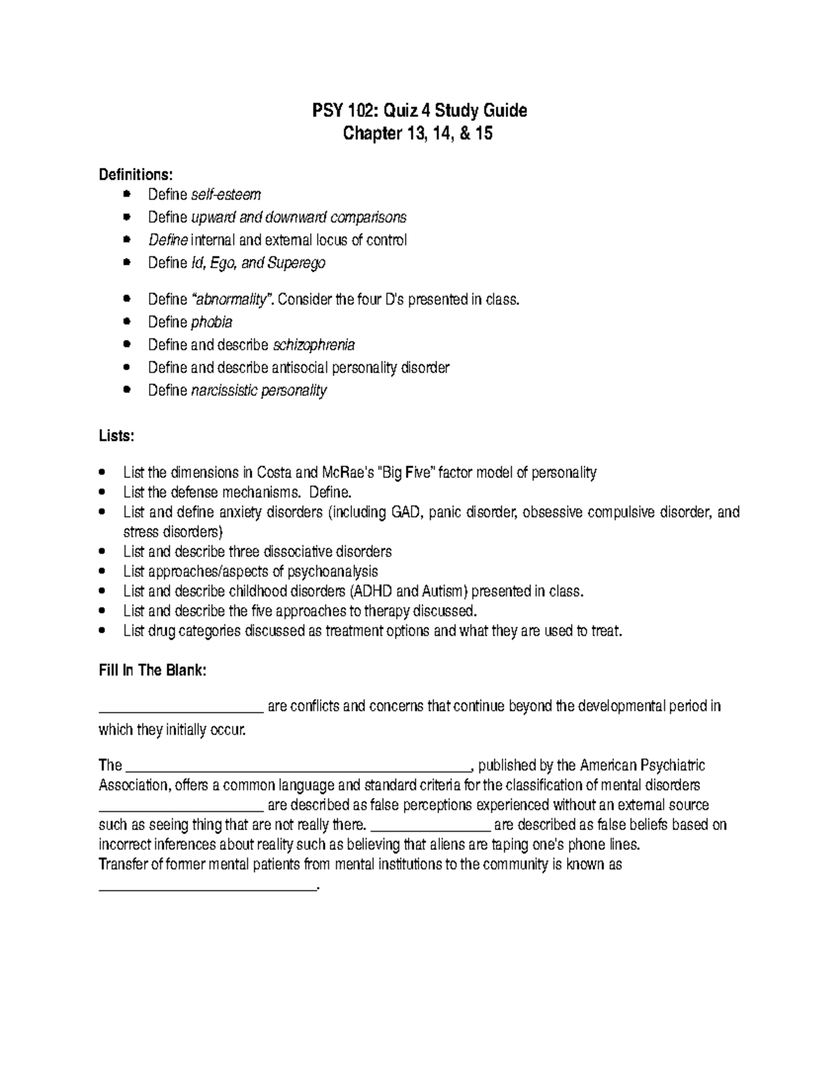 Psy102study Guide Quiz 4 Psy 102 Quiz 4 Study Guide Chapter 13 14 Psy102study Guide Quiz 4 Psy 102 Quiz 4 Study Guide Chapter 13 14