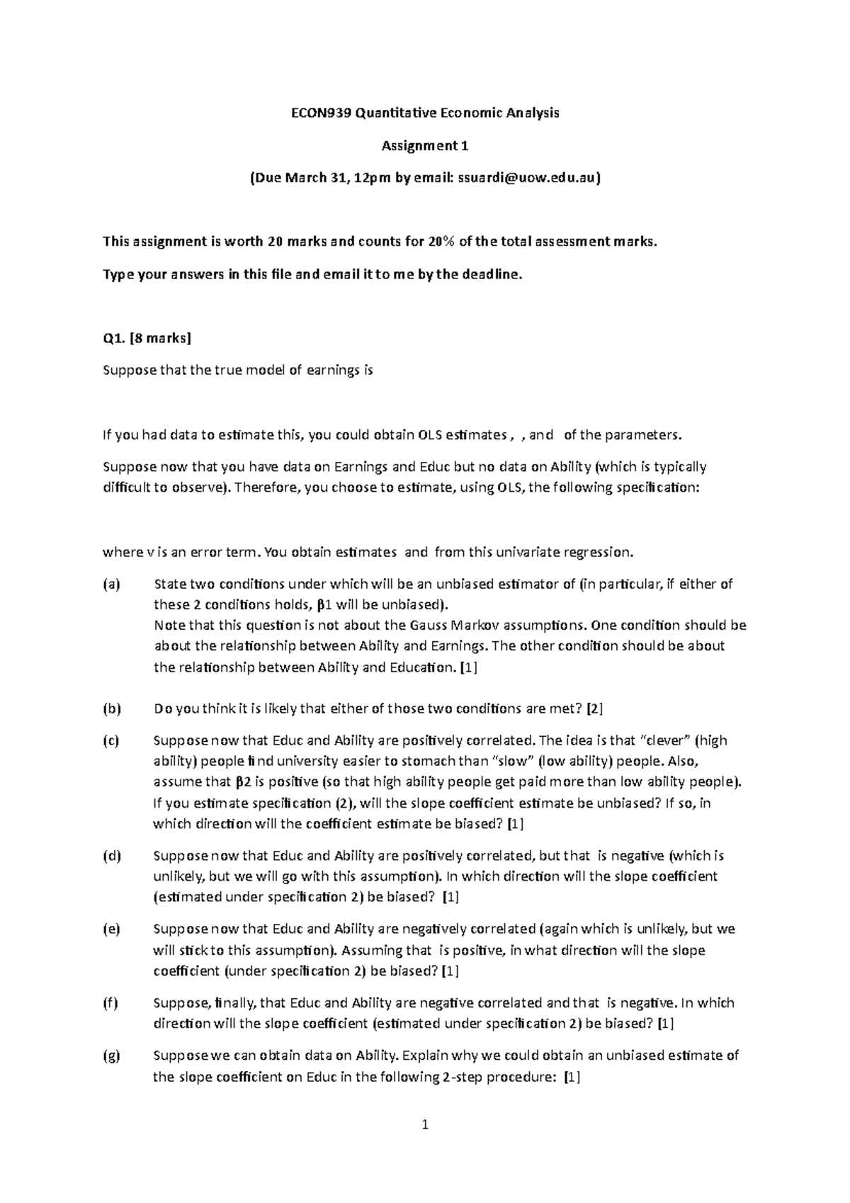 Econ939 Quantitative Economic Analysis Assignment 1 Edu This