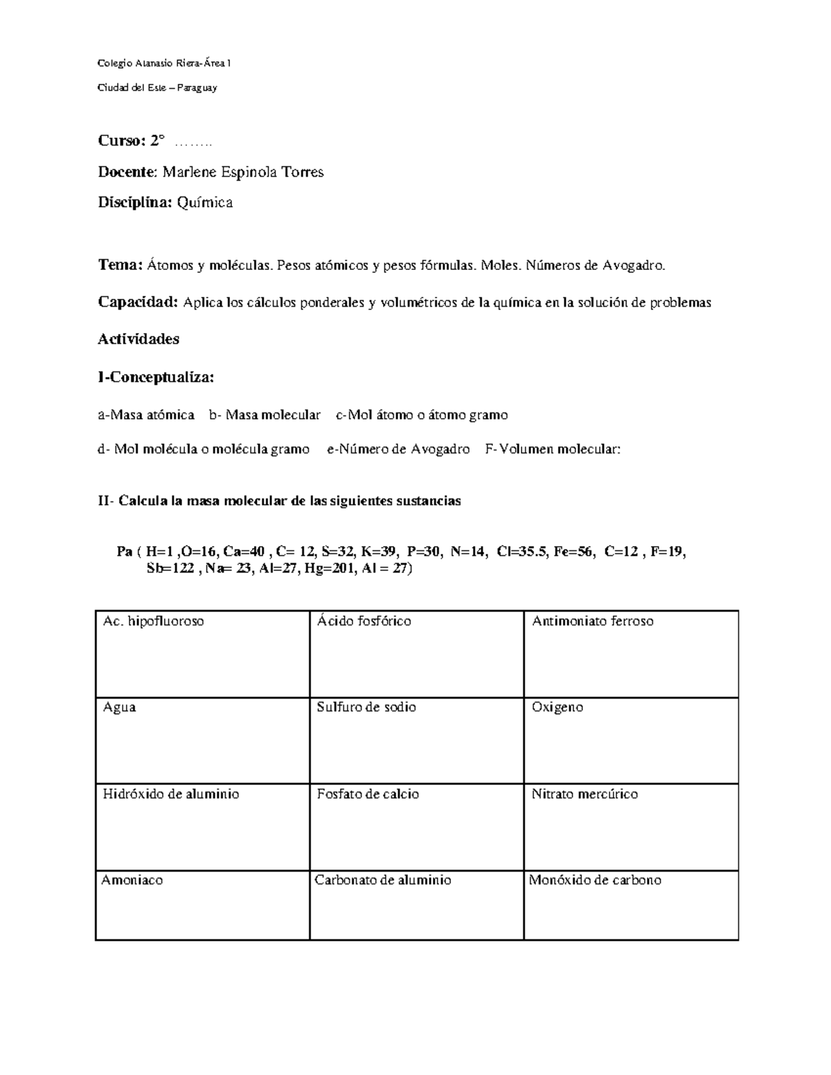 Estequiometria - jwuwjw - Colegio Atanasio Riera-Área 1 Ciudad del Este ...