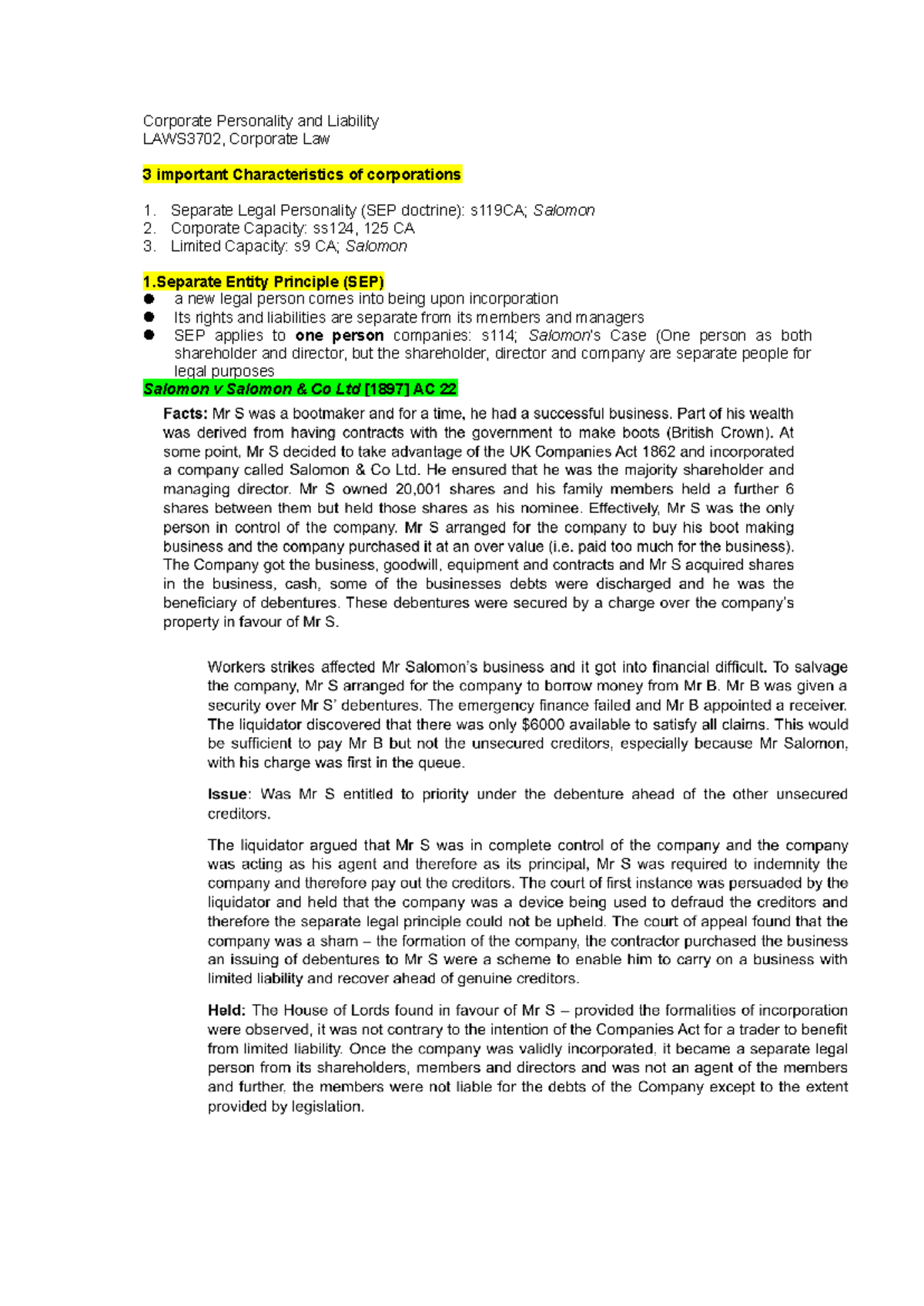 Week 2 - Week 2 Lecture Notes - Corporate Personality and Liability ...