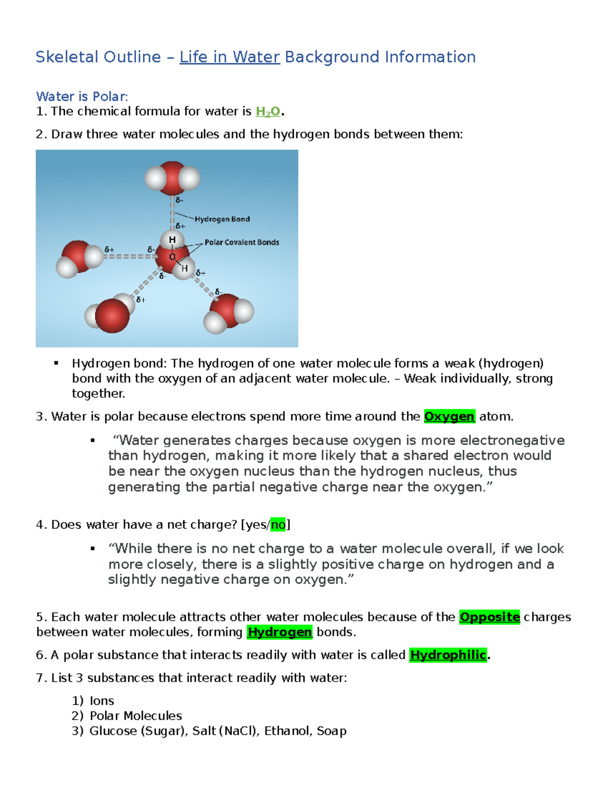 BIOL1610 Ch5 Skeletal Outline Skeletal Outline Life in Water Background Information Water is