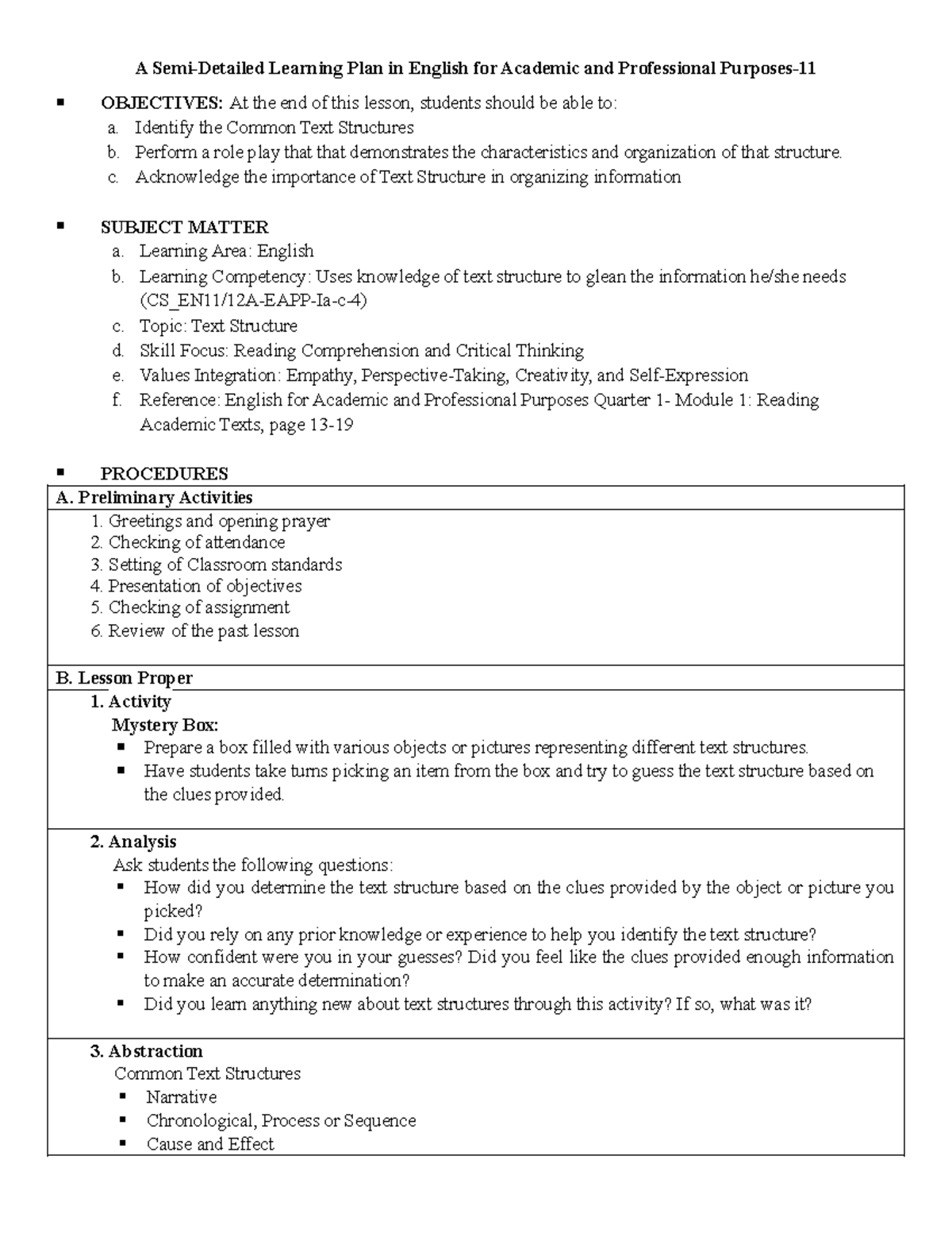 Learning Plan in EAPP Module 1 Lesson 2 Text Structure 1 - A Semi ...