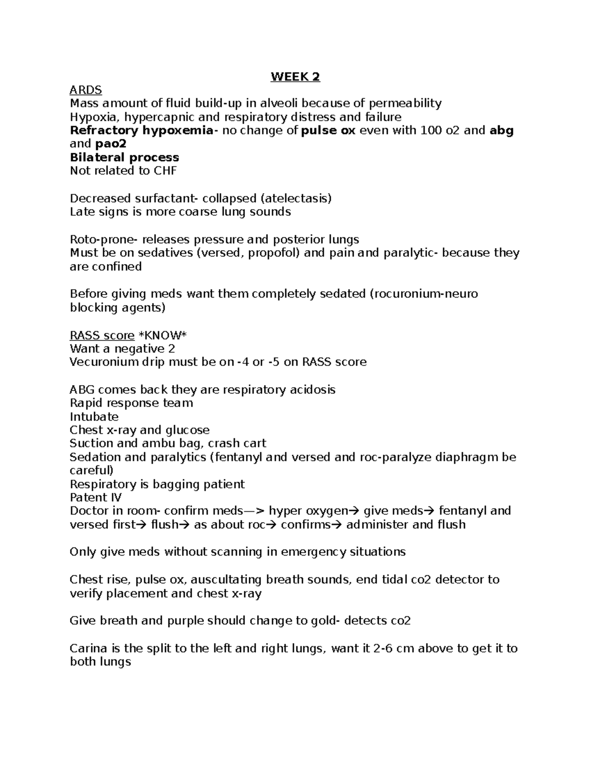 N480 WEEK 2 notes WEEK 2 ARDS Mass amount of fluid buildup in
