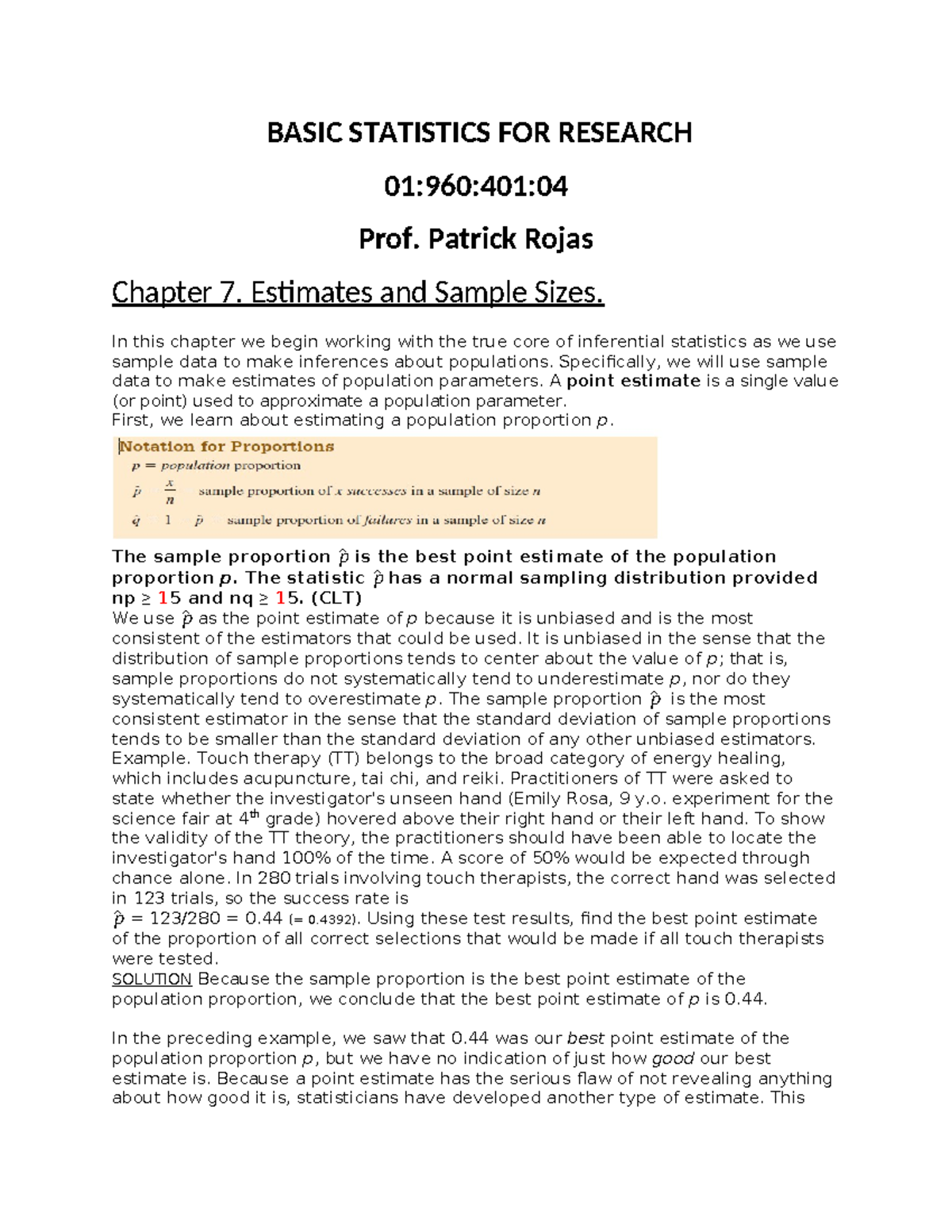 Statistics+401+Section+04+class+notes+Chapter+7 - BASIC STATISTICS FOR ...