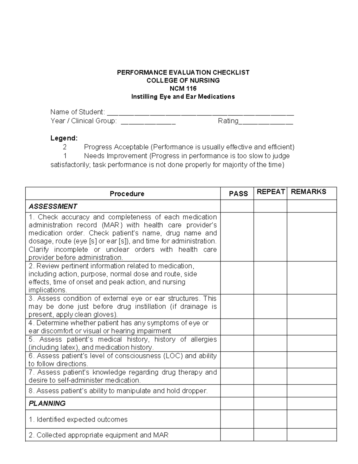 EYE-EAR-MED- Instillation- Checklist - PERFORMANCE EVALUATION CHECKLIST ...