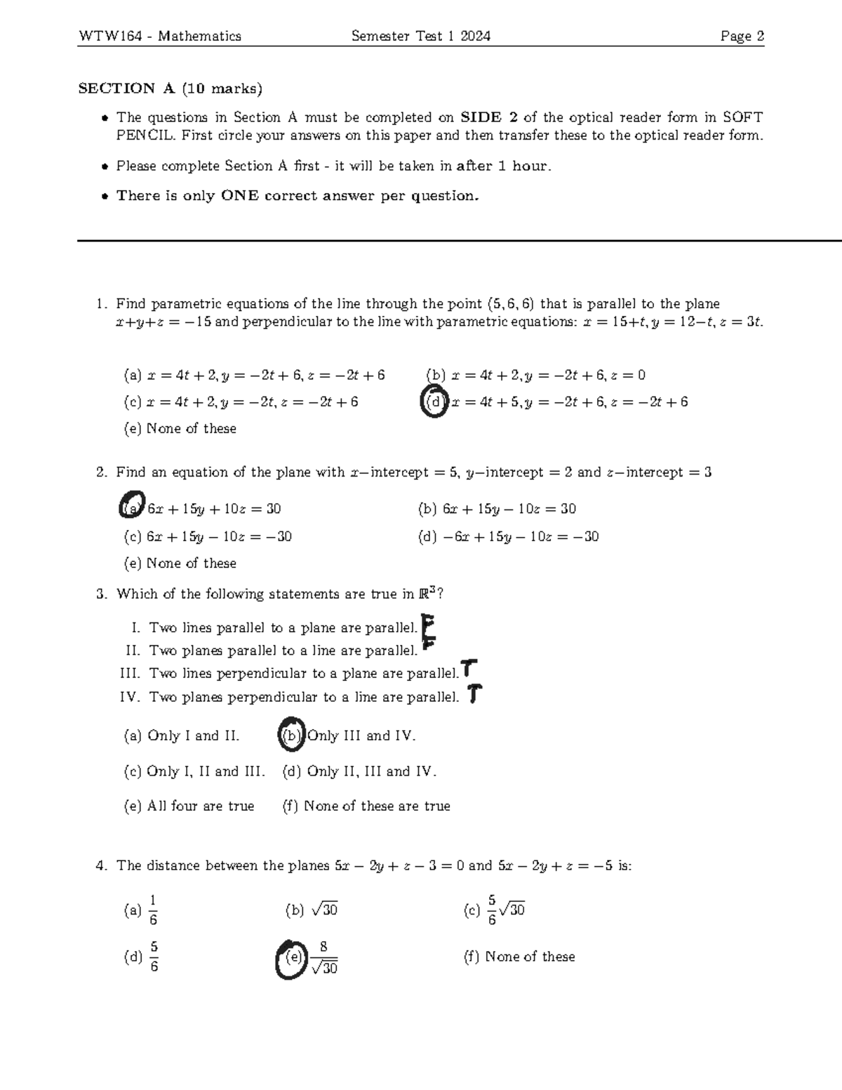 WTW164 ST1 2024 Memo - Semester Test 1 Memo 2024 - SECTION A (10 marks ...