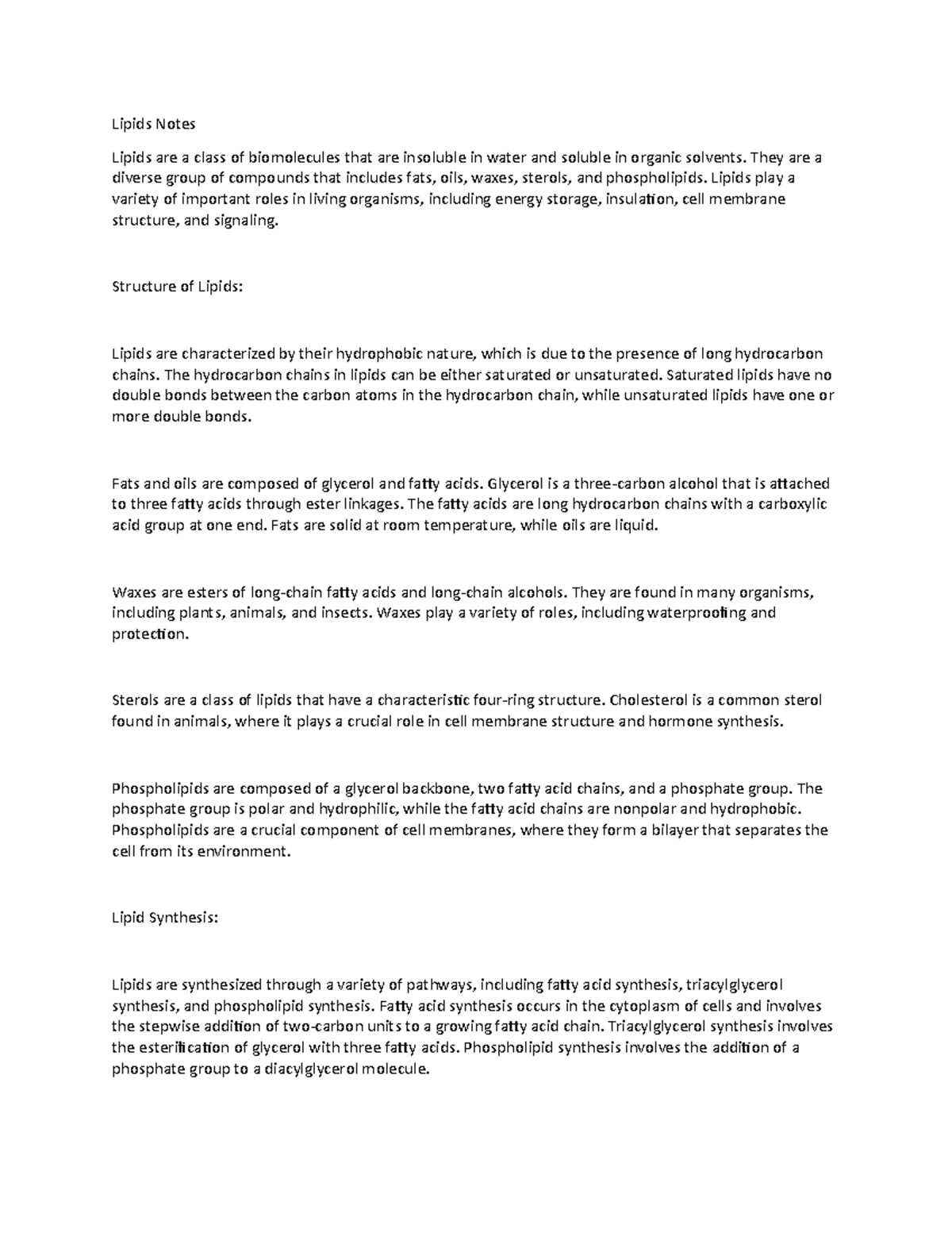 Lipids Notes Lipids Notes Lipids are a class of biomolecules that are