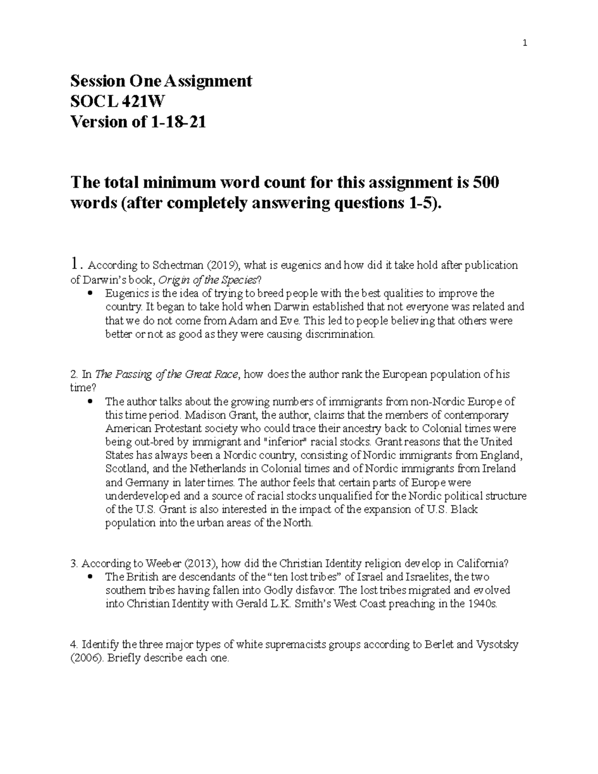 Session One Assignment - 1 Session One Assignment SOCL 421W Version of ...