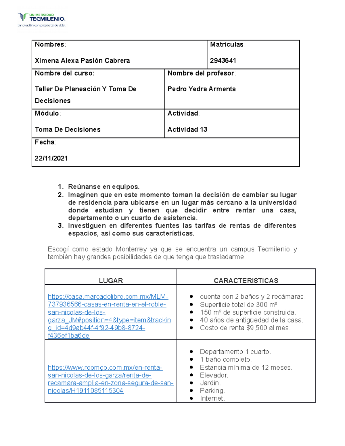 Actividad 13 Taller DE Planeacion y toma de decisiones - Nombres ...