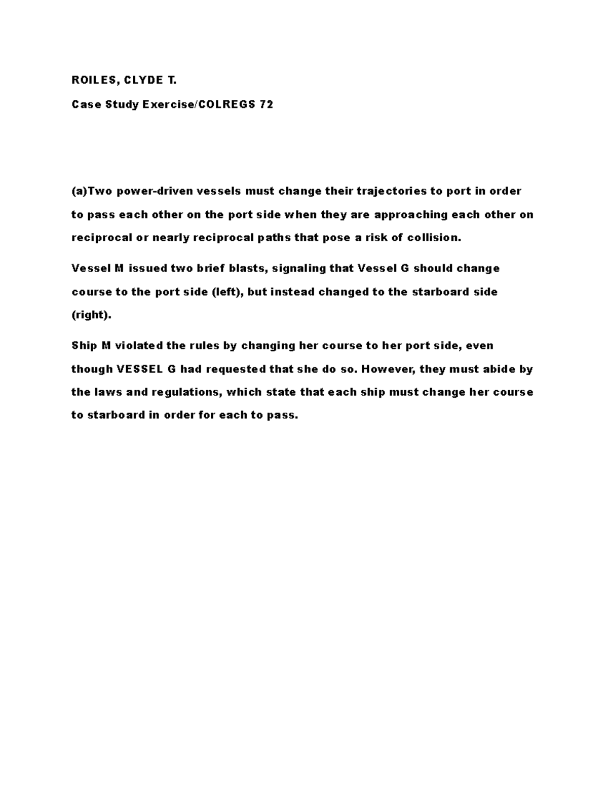 Case Study Exercise Colregs 72 ROILES, CLYDE T. Case Study Exercise