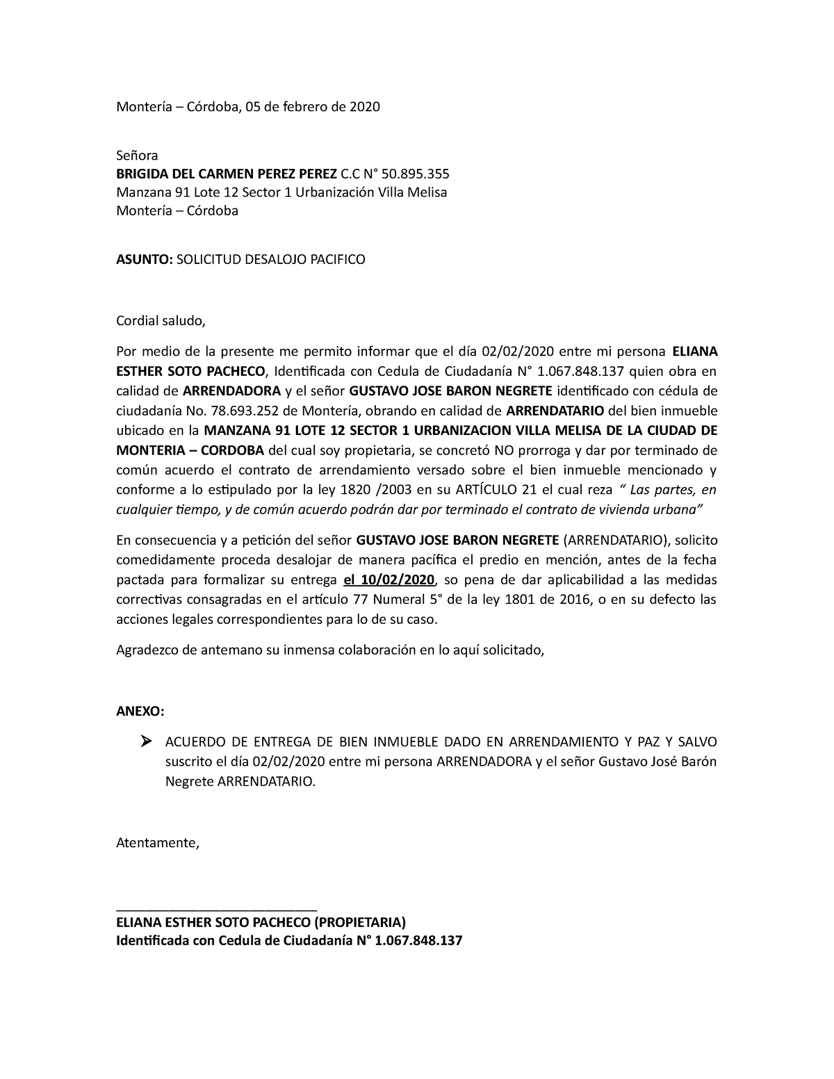 Carta Solicitud Desalojo - Montería – Córdoba, 05 de febrero de 2020 Señora  BRIGIDA DEL CARMEN PEREZ - Studocu