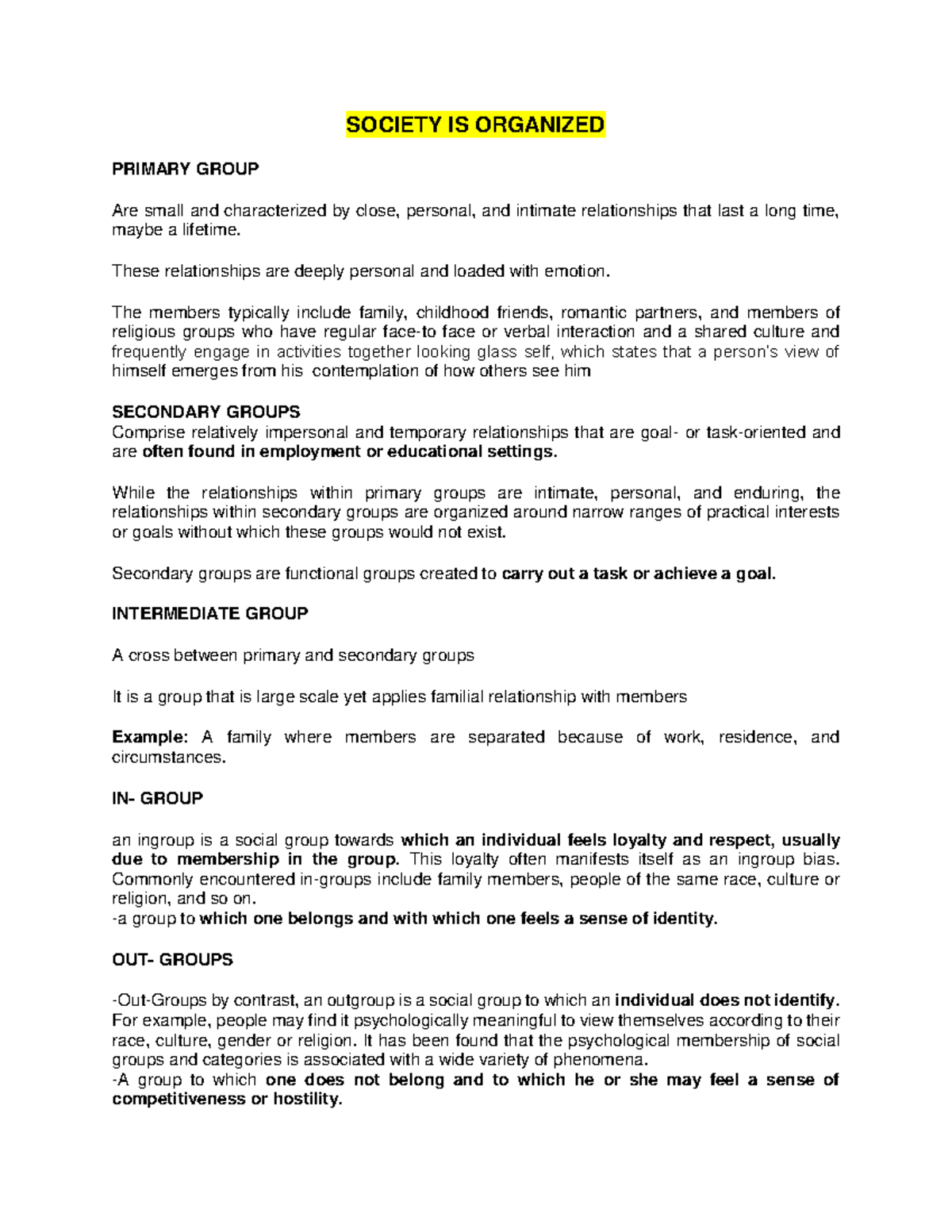 UCSP LECTURE NOTES FOR UCSP SOCIETY IS ORGANIZED PRIMARY GROUP Are