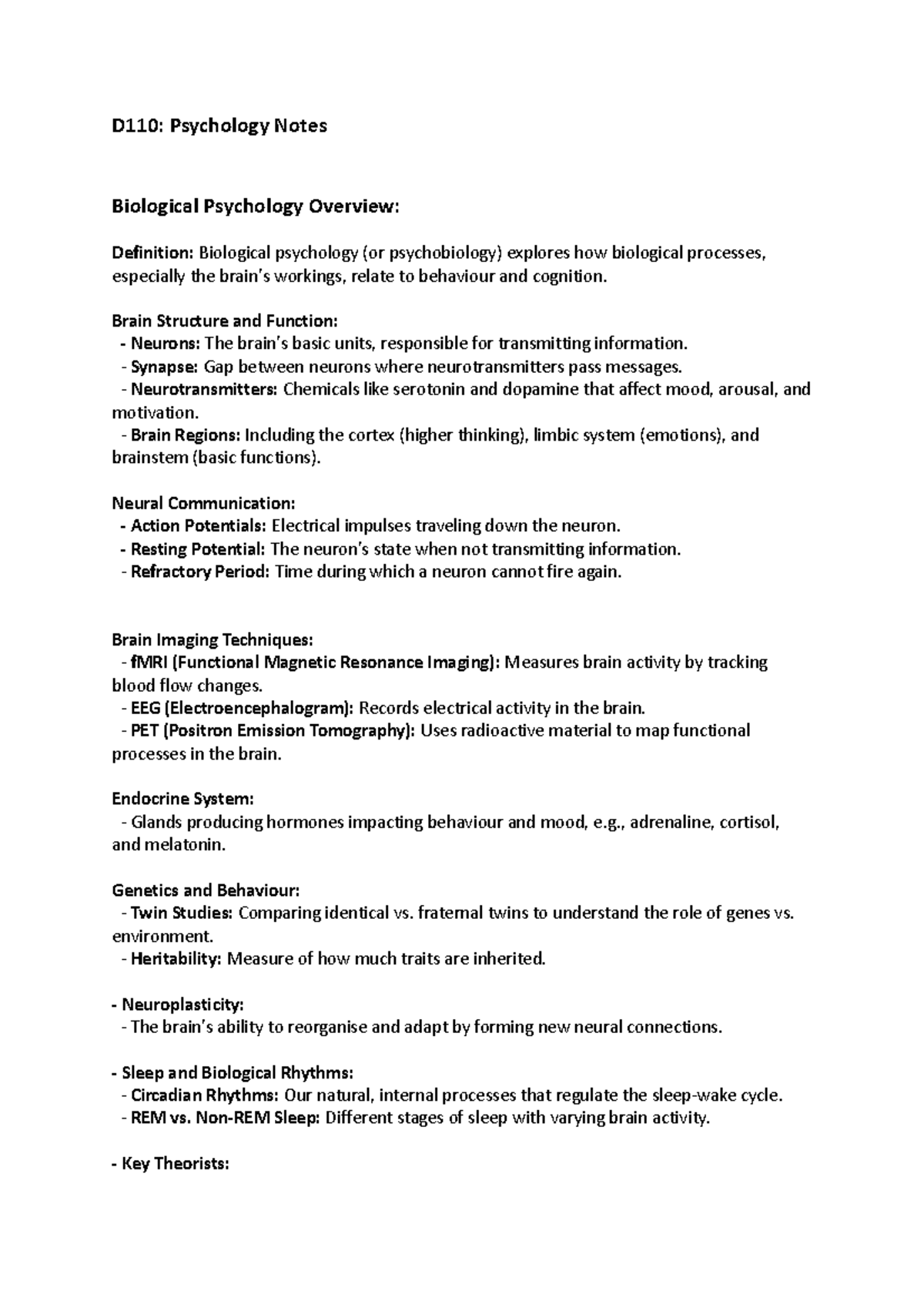 D110 - Psychology - Biological Psychology - D110: Psychology Notes ...