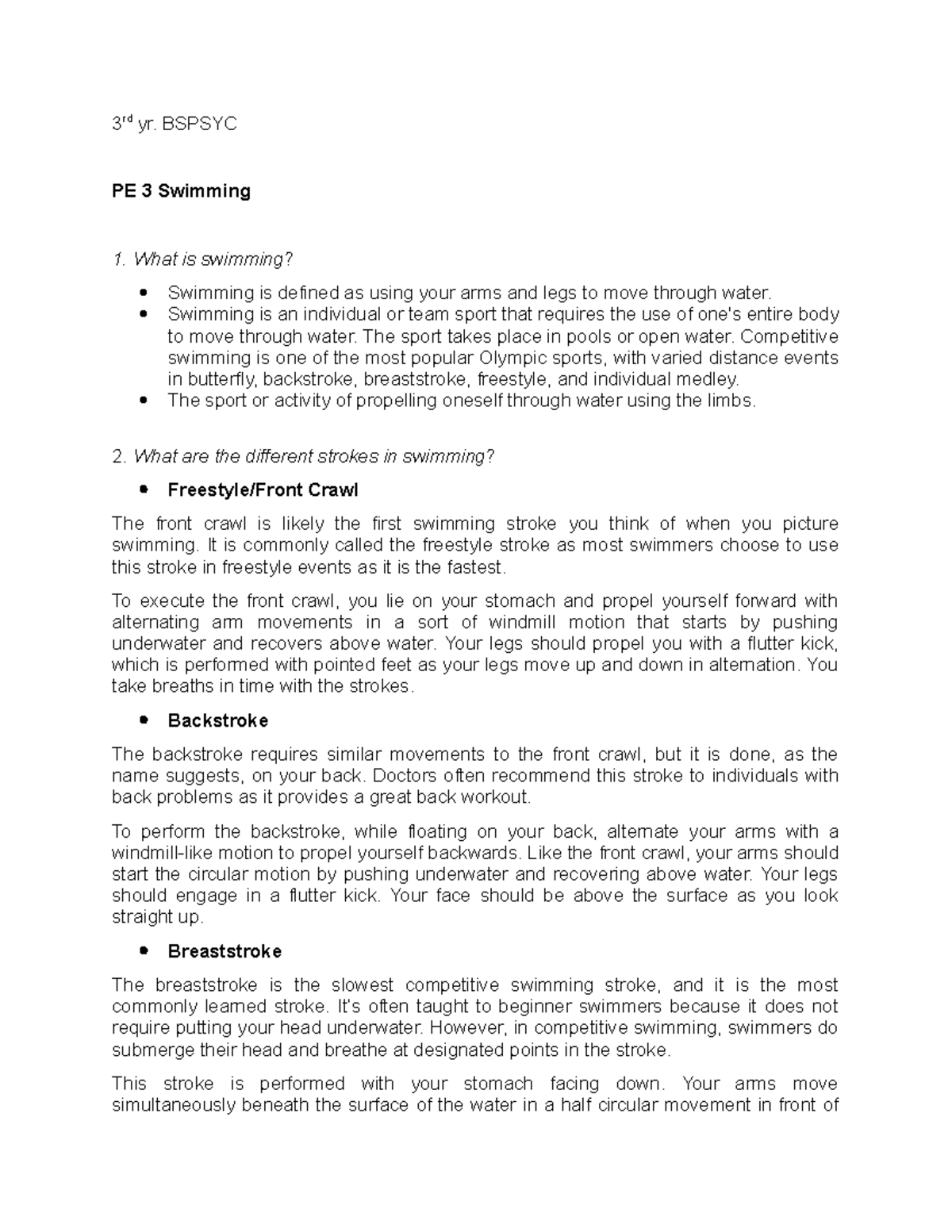 7.2 Swimming Assignment - BS Psychology - Studocu