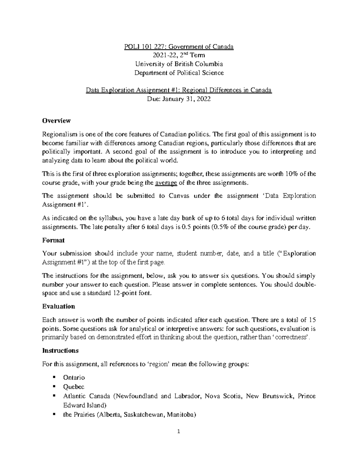 POLI 101 227 Data Exploration Assignment #1 (2022) - POLI 101 227 ...