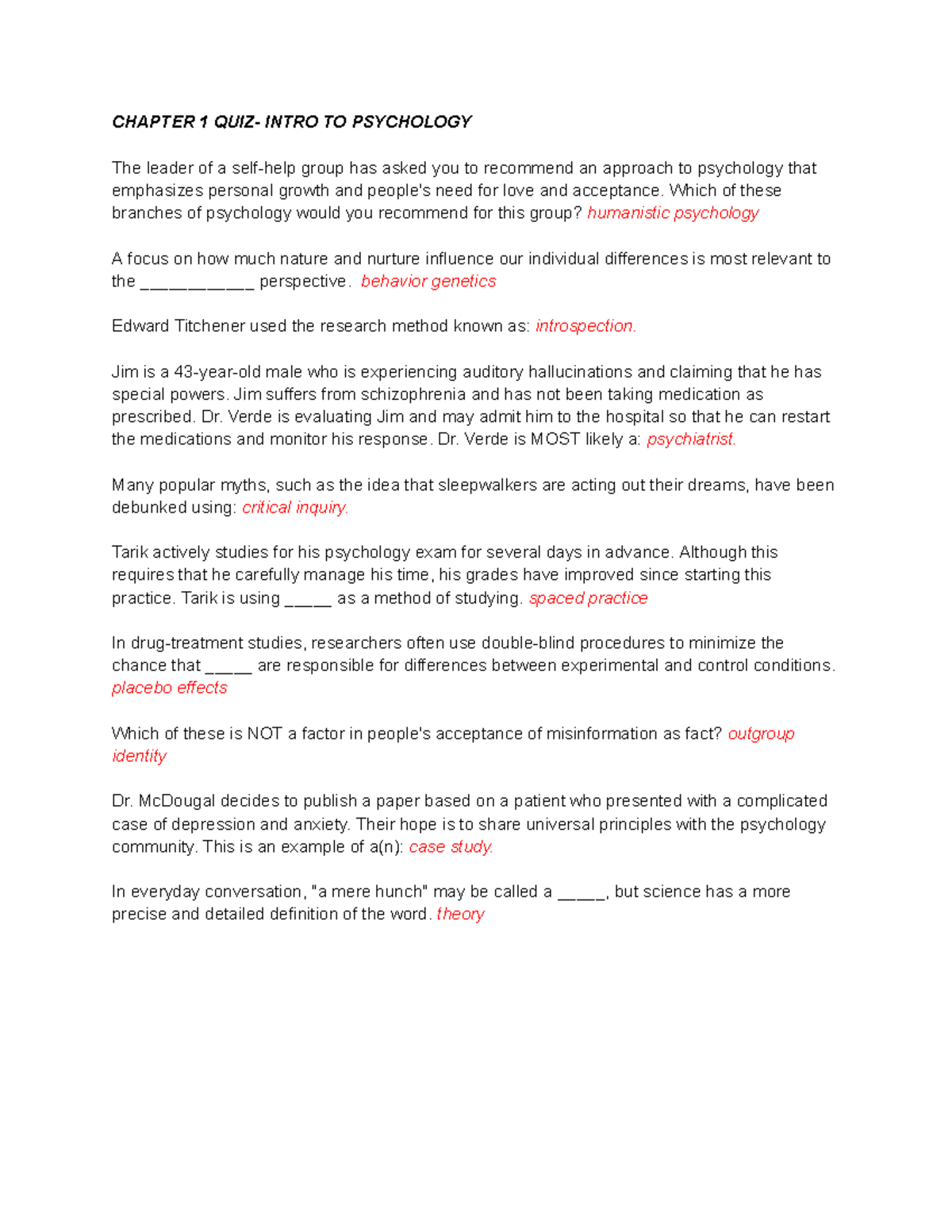Chapter 1 Quiz - Intro to Psychology - CHAPTER 1 QUIZ- INTRO TO ...