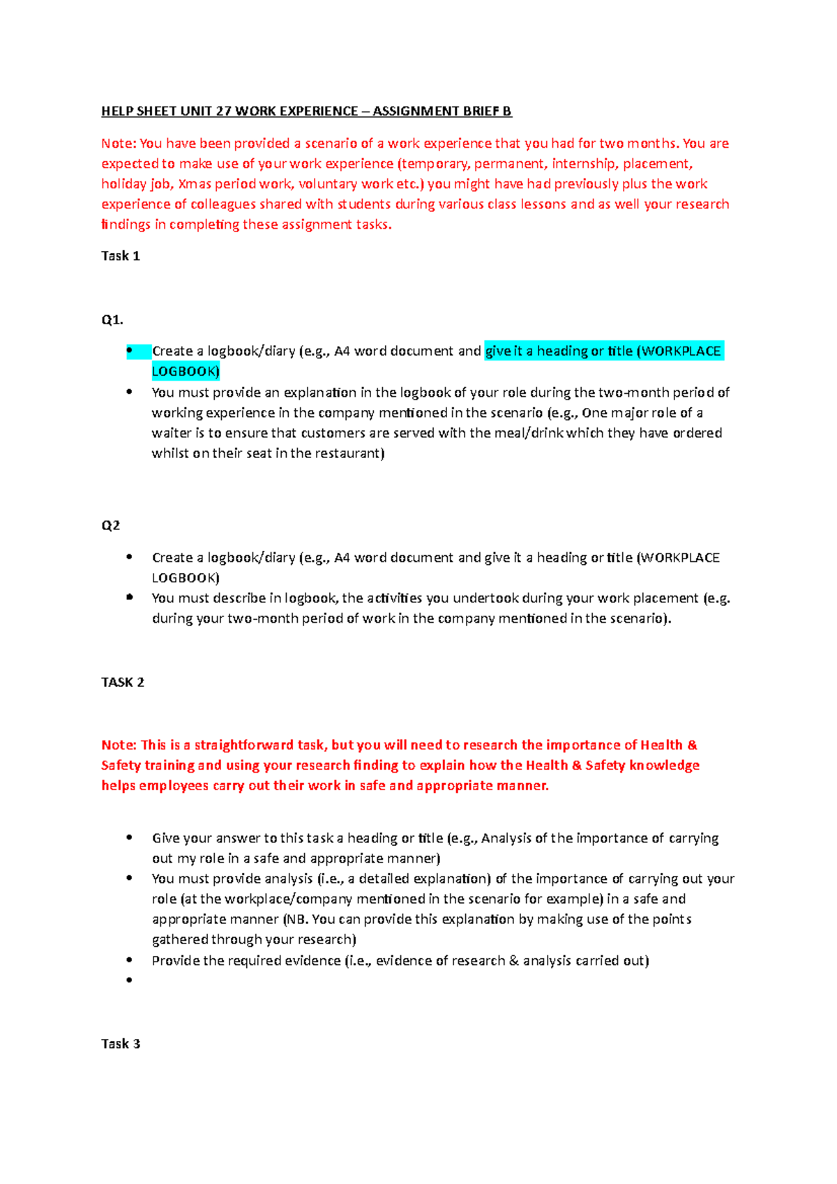 HELP Sheet UNIT 27 WORK Experience Assignment Brief B HELP SHEET