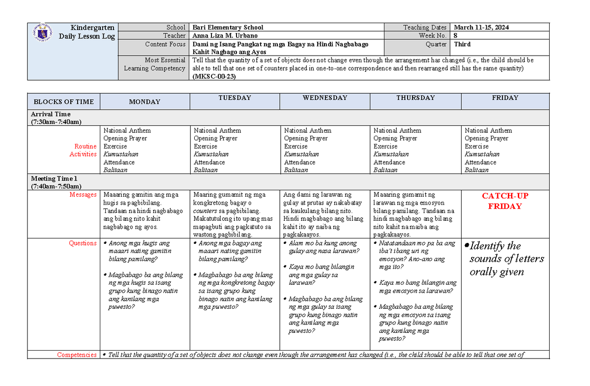 Kindergarten Dll Melc Q3 Week 8 Asf Kindergarten Daily Lesson Log School Bari Elementary 3482