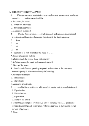 đề-2 - Đề thi thử 1 - I. CHOOSE THE BEST ANSWER Economics is the study ...