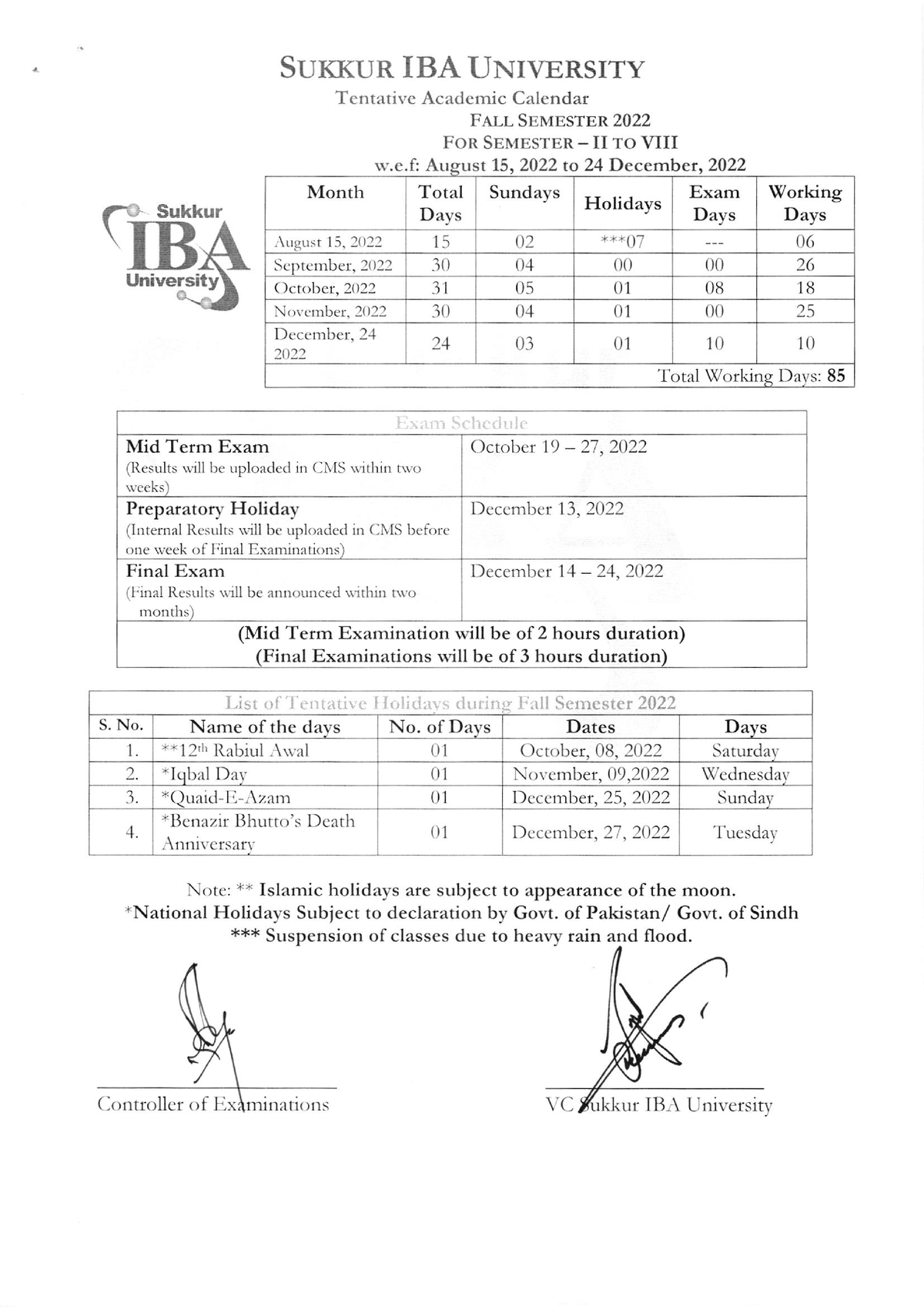 Academic Calender Fall2022 for Semester II to VIII Suxr