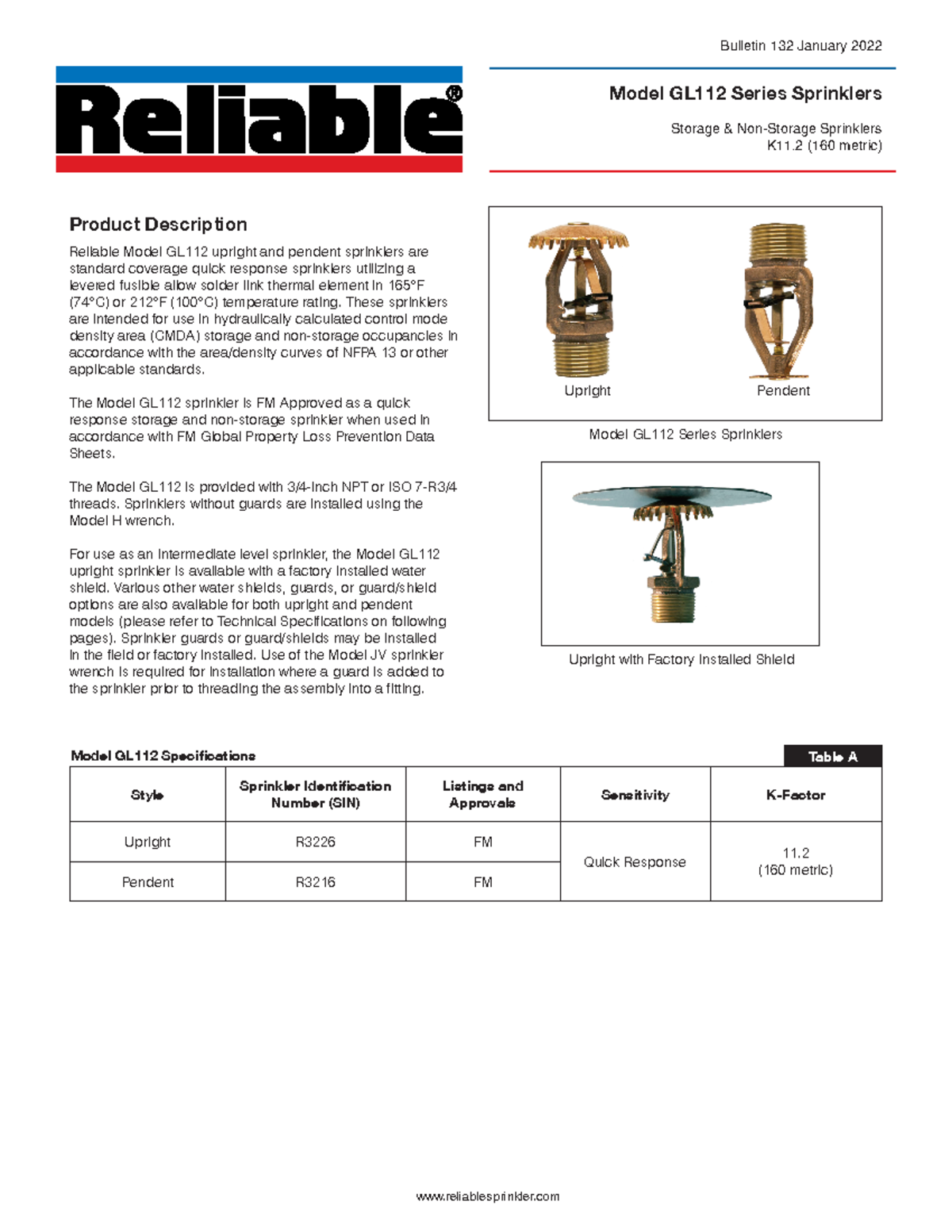 Reliable Brand GL 112 K-11.2 Datasheet - Model GL112 Series Sprinklers ...