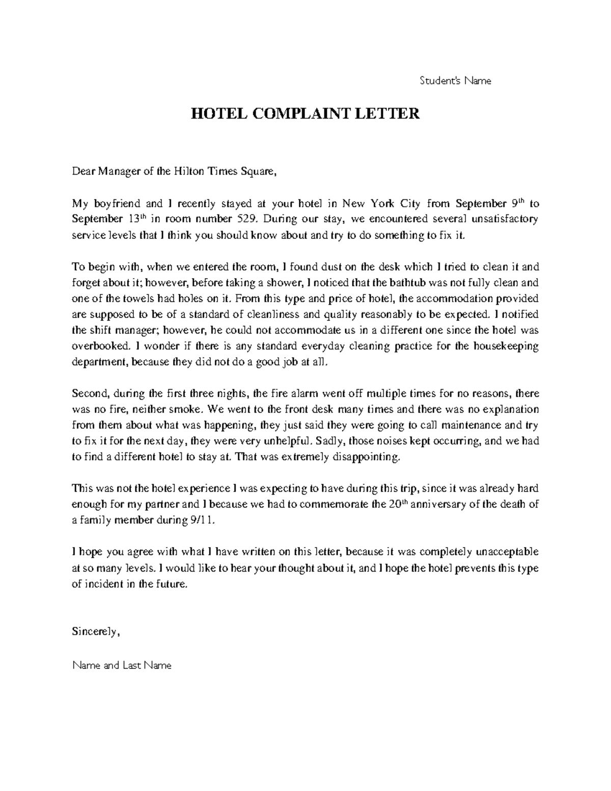 Hotel Complaint Letter para el curso de Ingles Aplicado 1 - Tatiana ...