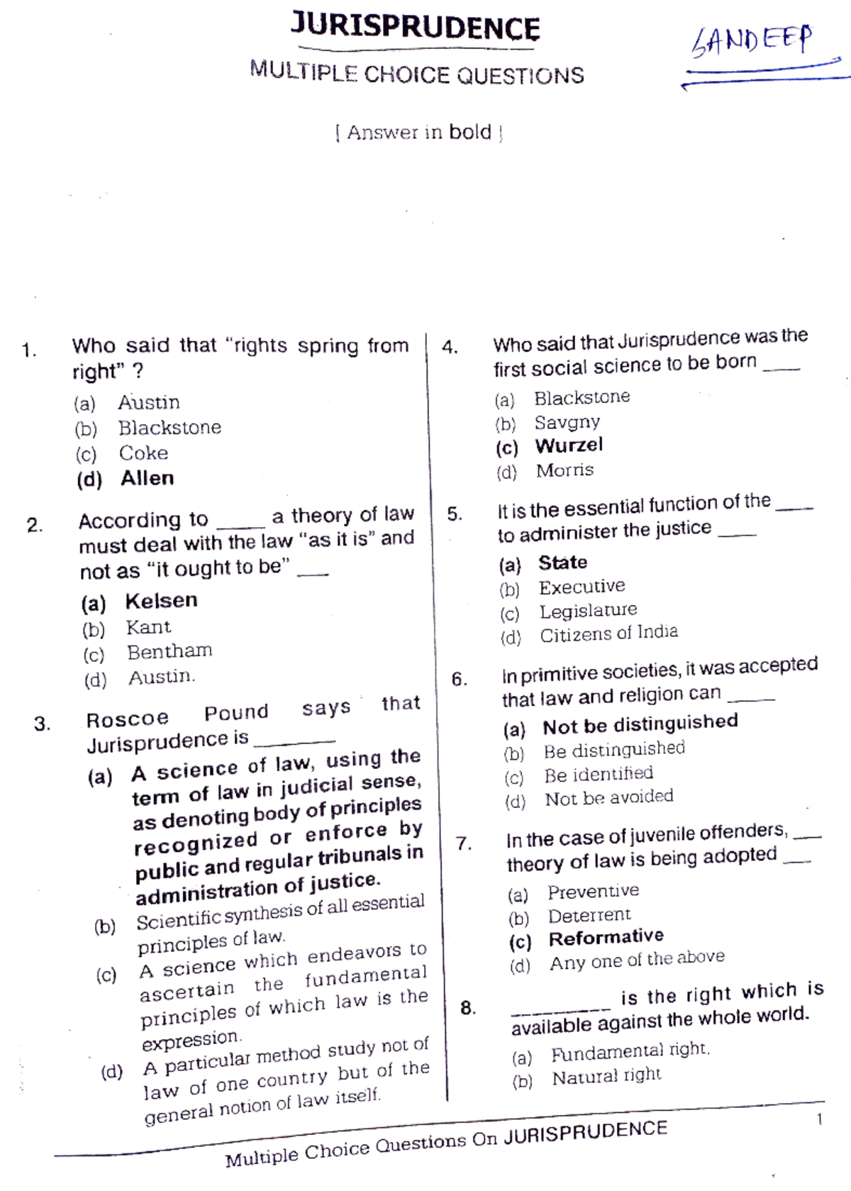 Jurisprudence MCQ - MCQs - JURISPRUDENCE LANDEFP MULTIPLE CHOICE ...