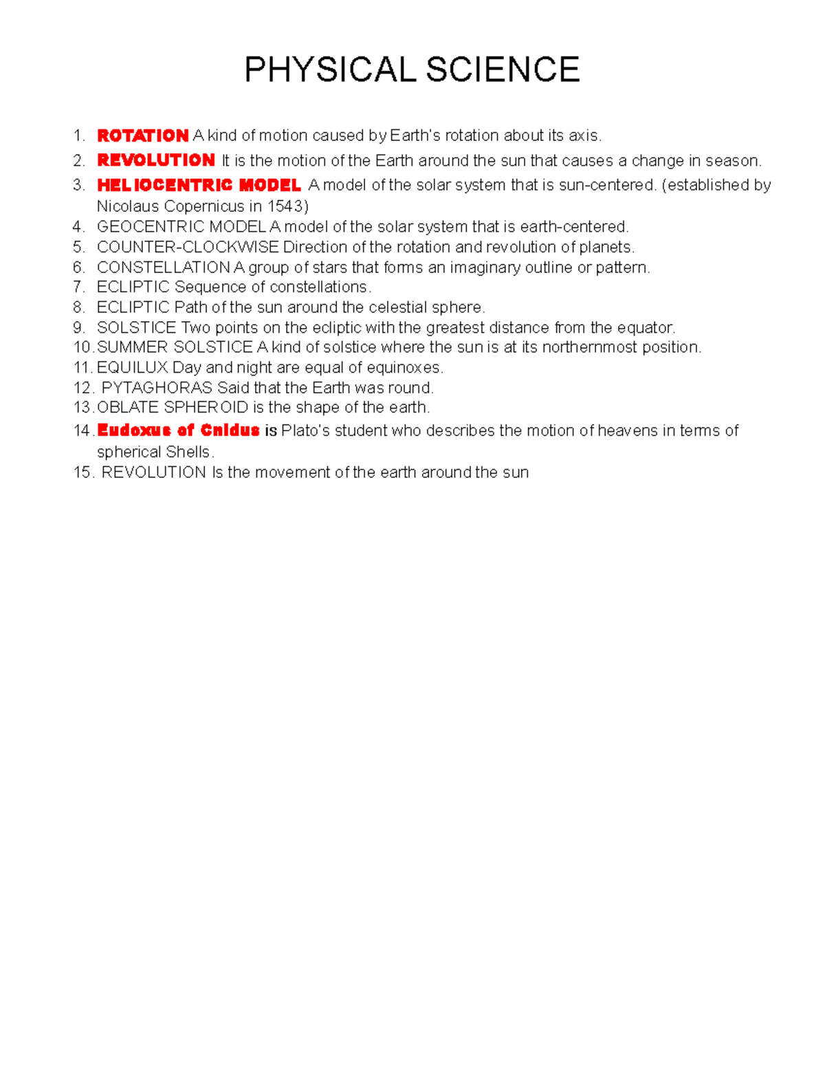 Physical Science - PHYSICAL SCIENCE 1. ROTATION A kind of motion caused ...