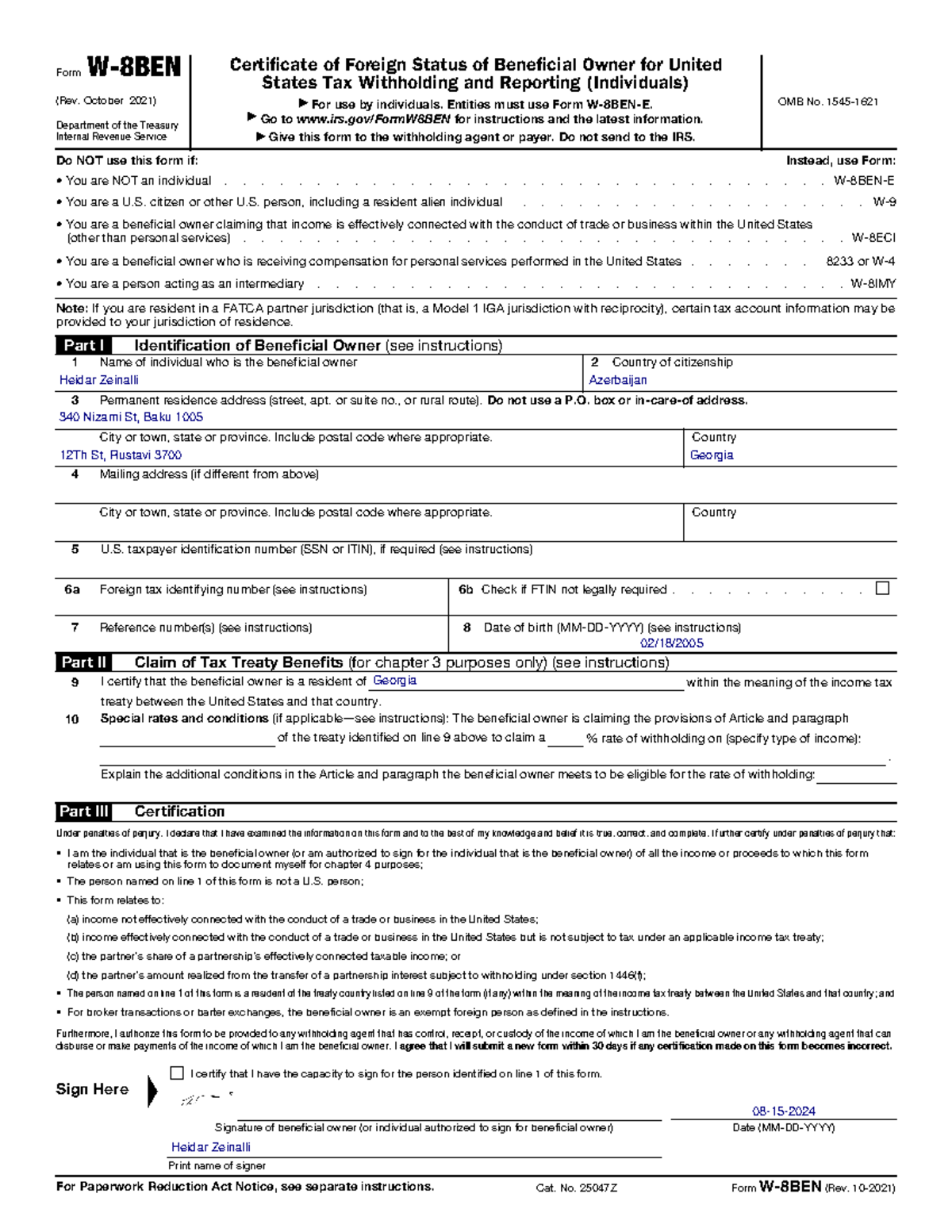 Form W-8BEN (Rev. October 2021) Department of the Treasury Internal ...