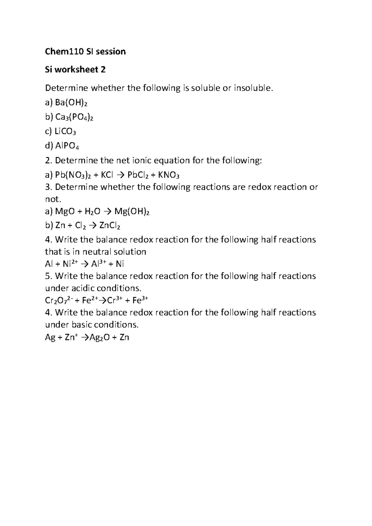 Chem110 SI Session 2 - Chem110 SI Session Si Worksheet 2 Determine ...