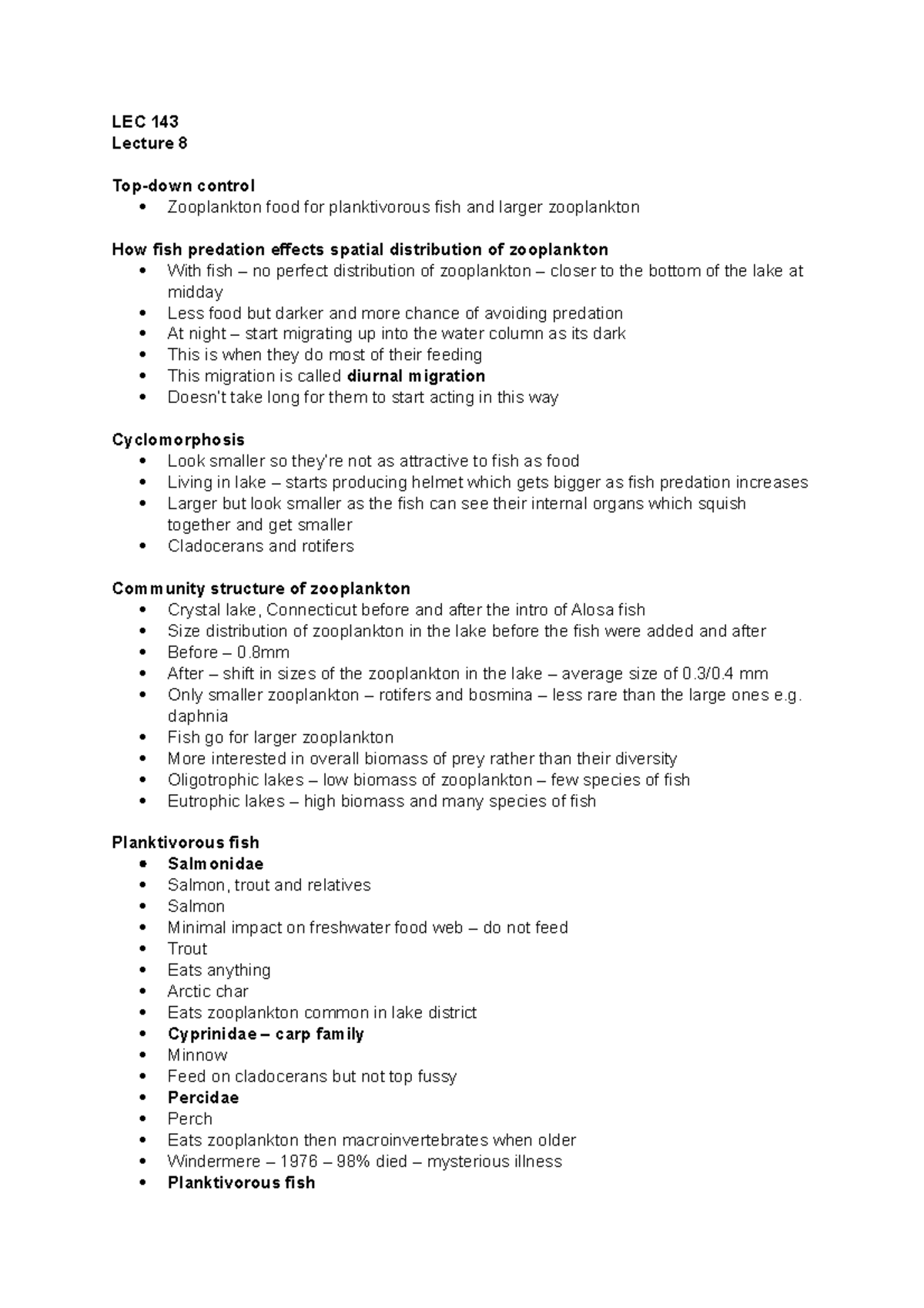 Lecture 8 LEC 143 Lecture 8 Topdown control Zooplankton food for