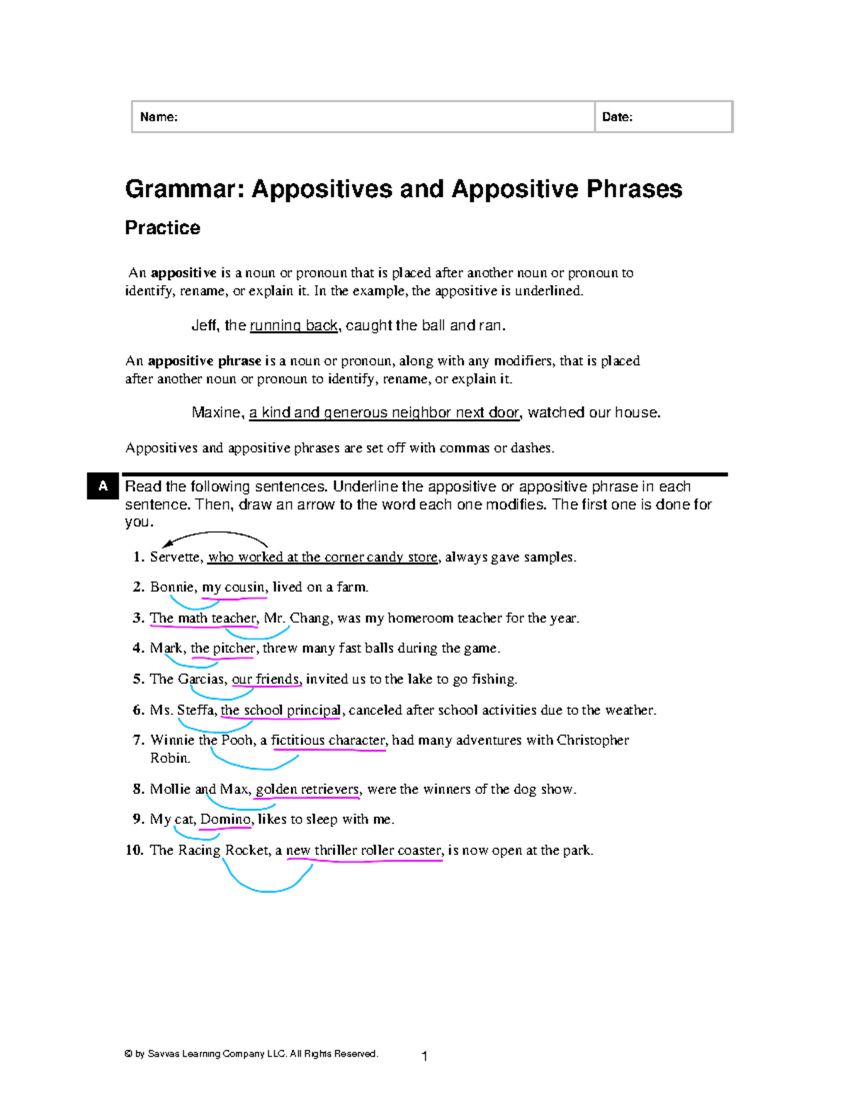 Appositives+Worksheet - © by Savvas Learning Company LLC. All Rights ...