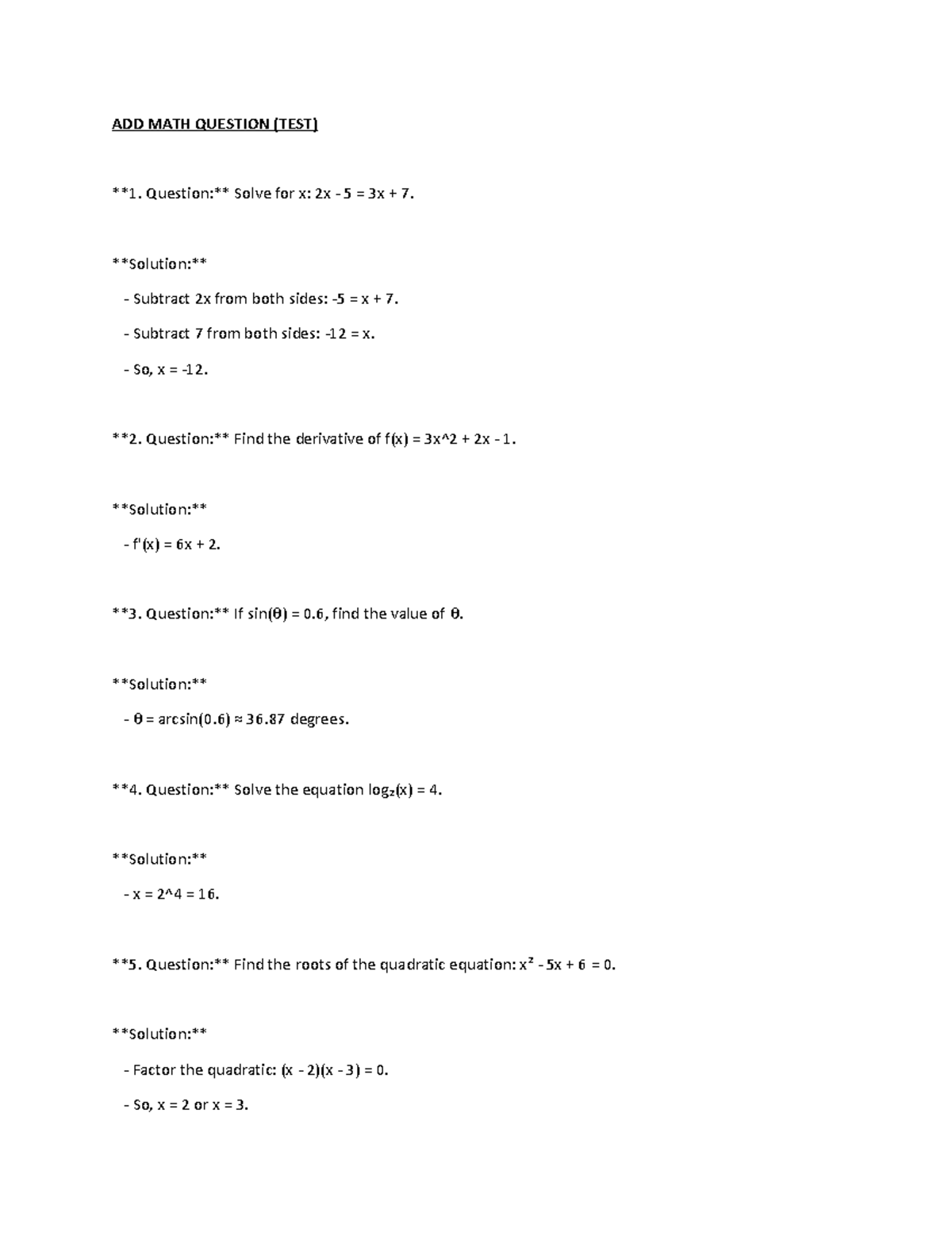 Add Math q - ADD MATH QUESTION (TEST) 1. Question: Solve for x: 2x - 5 ...