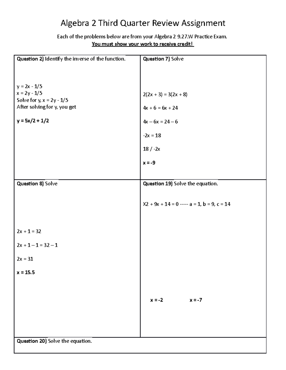 Algebra+2+ +quarter+3+review+assignment - Algebra 2 Third Quarter 